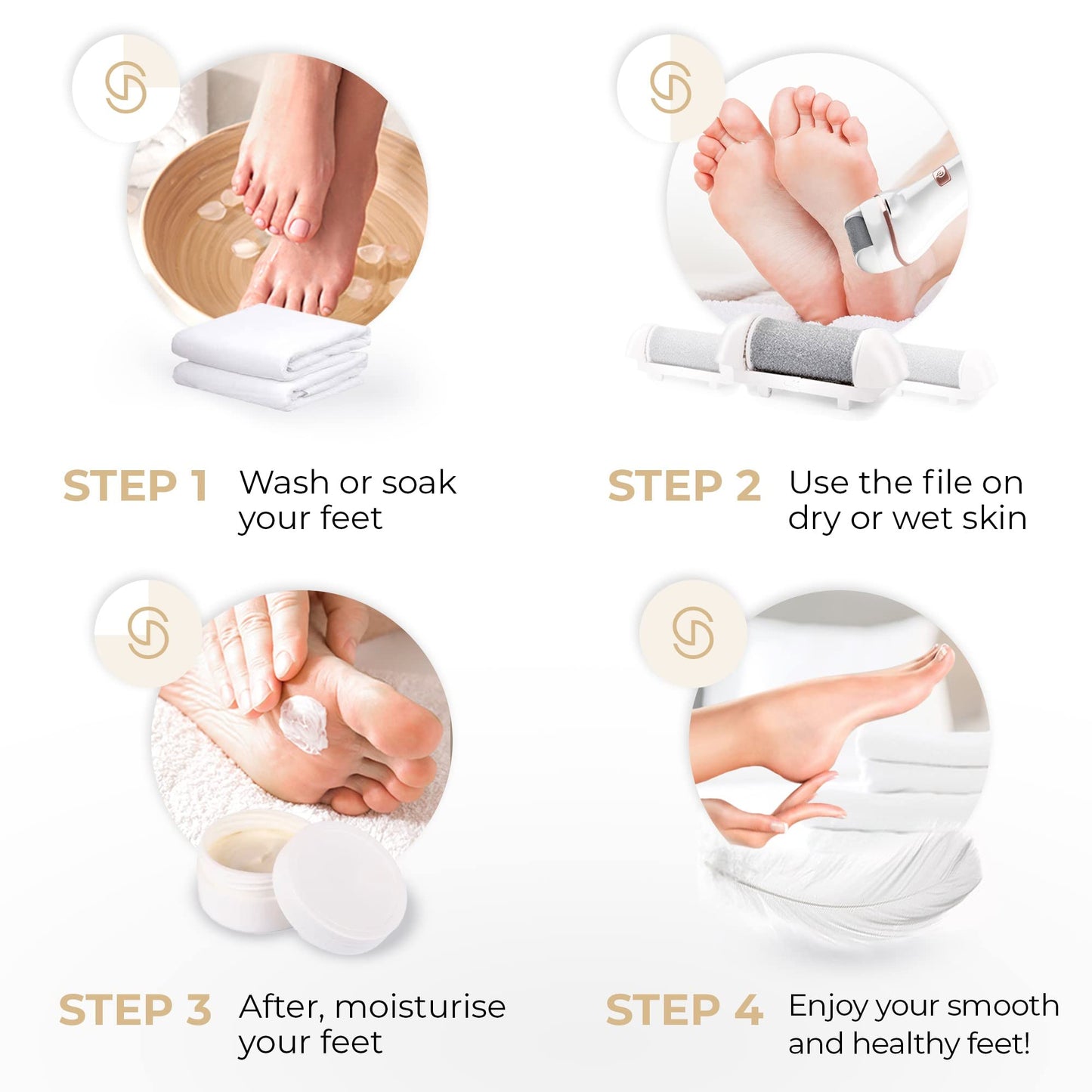 Essy Electric Foot File Rechargeable with 5 Replacement Rollers (White)