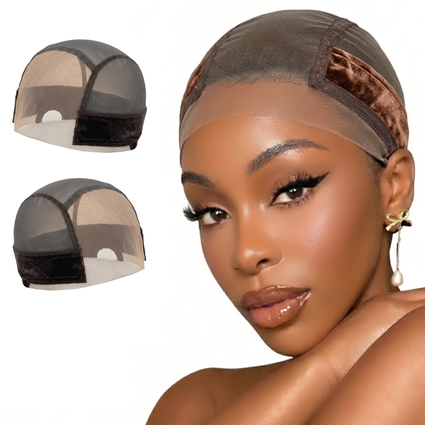 VITASHYNX 2 Pcs Wig Grip Cap for Women, Wig Cap with Grip Band Adjustable Make Your Wigs Be Glueless, 4X5 Transparent Lace Non Slip Caps for Lace Front Wigs (Brown)