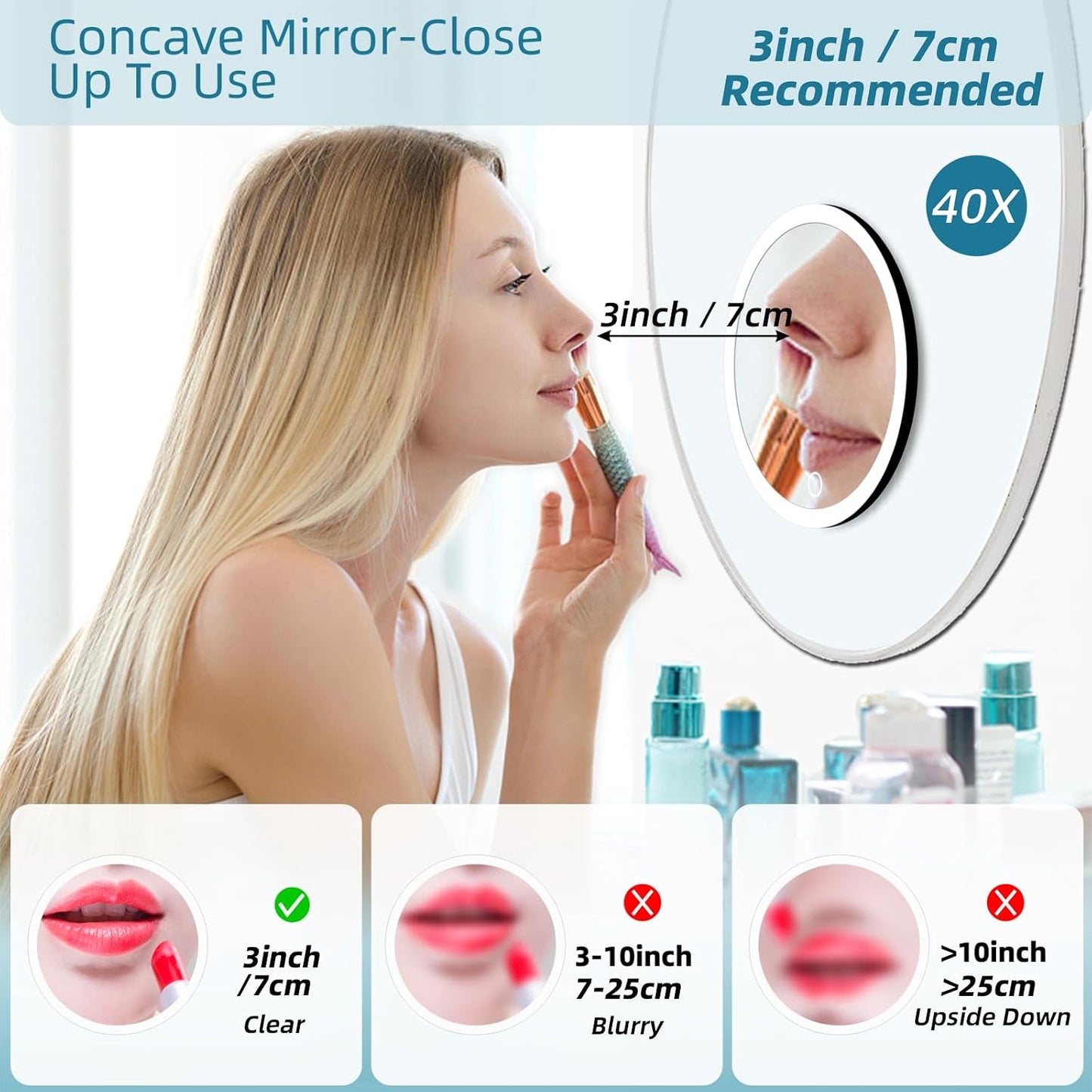 Travel Makeup Mirror - 40X Magnification with Suction Cups & Stand | 3 Color Dimmable LED Lights, Rechargeable 1200mAh