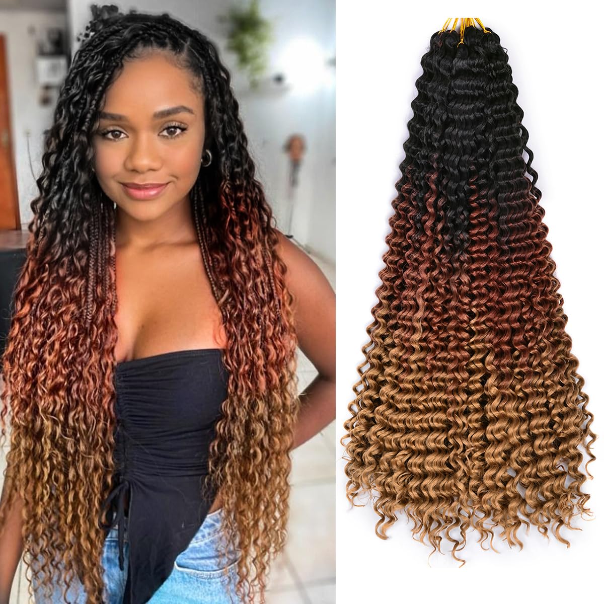 Ocean Wave Crochet Hair Extensions - Deep Wave Synthetic Braiding Hair for Women | 24 Inch, #1B (Pack of 2)
