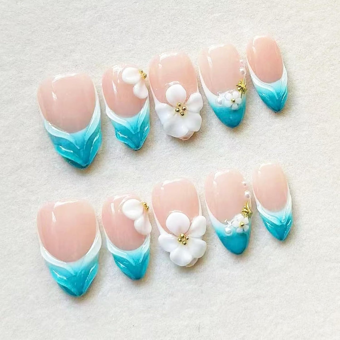 Press On Nails - Medium Almond Gradient Pink & White with Silver Bow | Reusable 3D Rhinestone Design, 24 Pcs for Weddings & Parties