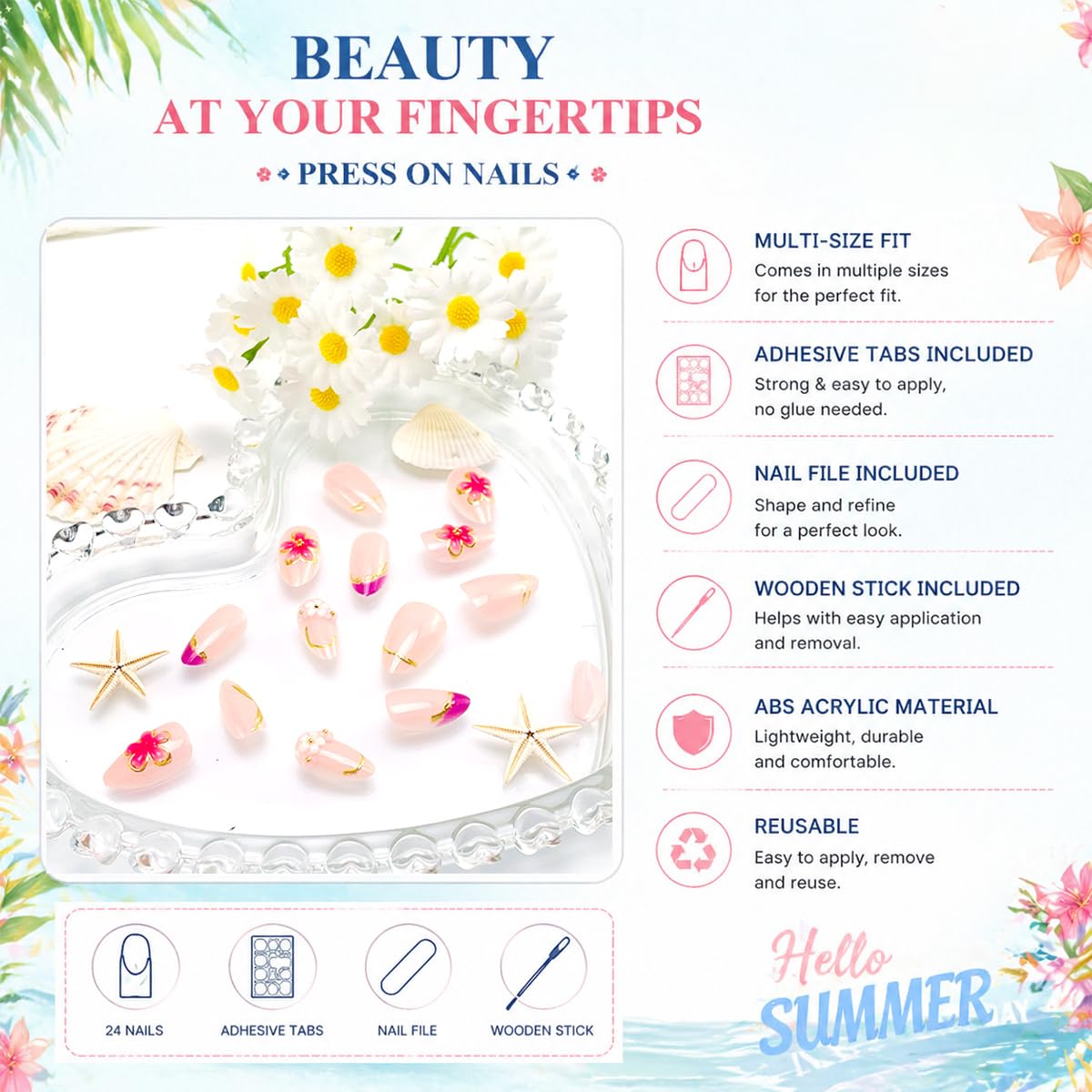 Flower Press On Nails - 24Pcs Short Almond Acrylic Set with 3D Pearl Floral & Gold Chrome Design | Glossy Pink Full Cover