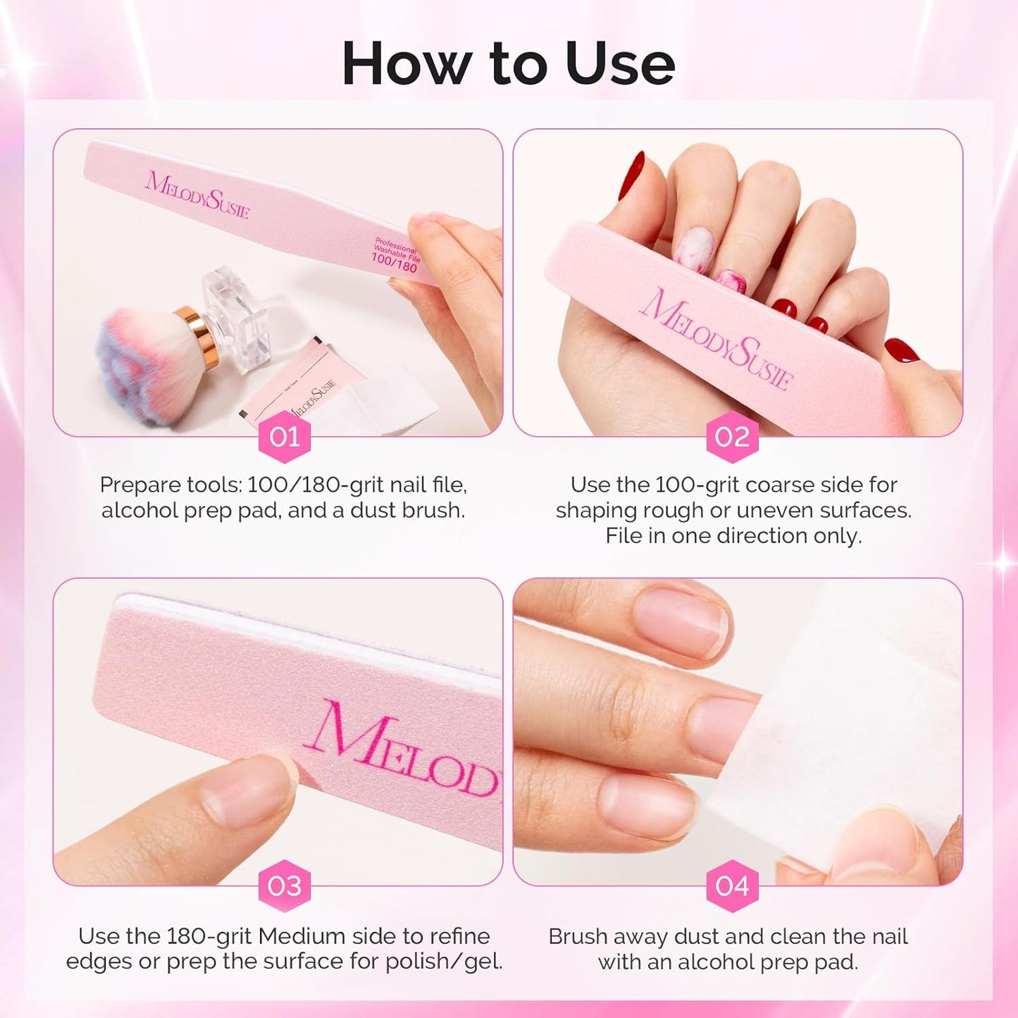 Professional Nail Files - 4Pcs Double-Sided Emery Boards for Acrylic, Gel & Natural Nails | Pink & Purple