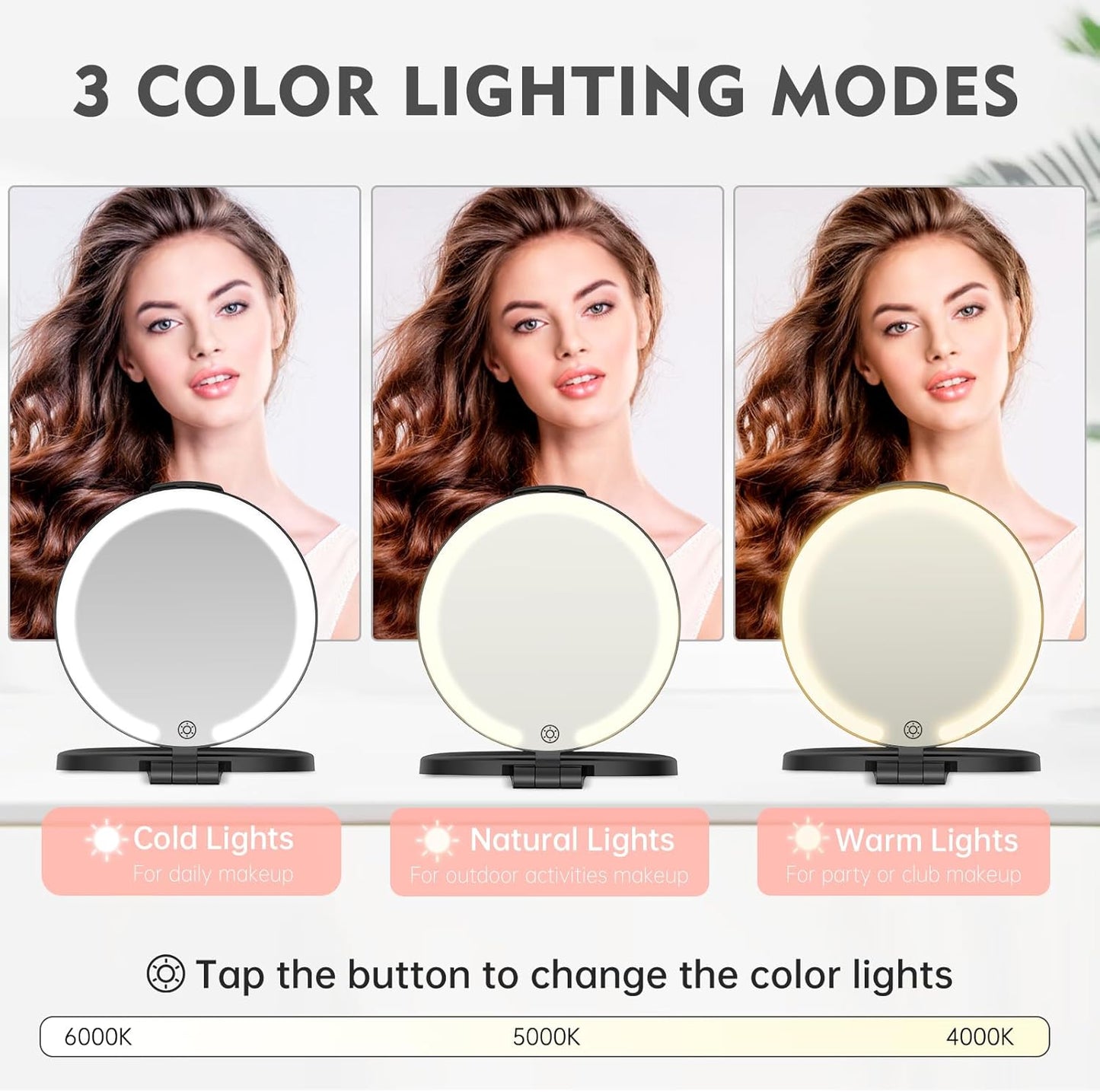 Travel Mirror with Light - 1X/10X Rechargeable Makeup Mirror | 7'' Double-Sided, 3 Color Lighting Modes, Portable Vanity - Black