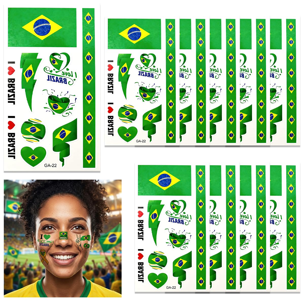 10 Sheets Brazil Flag Temporary Tattoos, Football Tattoos Brazil Party Decorations Football Temporary Stickers for 2026 World Cup (Long)