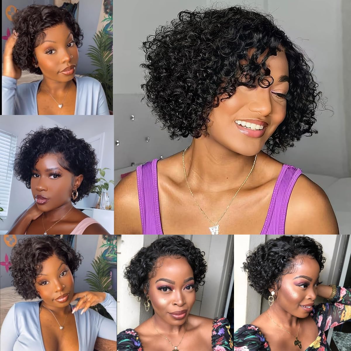BLOCKICE Pixie Cut Wig Human Hair Stylish Curly Short Bob Wig Deep Wave 13x4 Lace Front Glueless Curly Human Hair Wigs for Black Women Natural Look Full Volume Lace Frontal 6 Inch