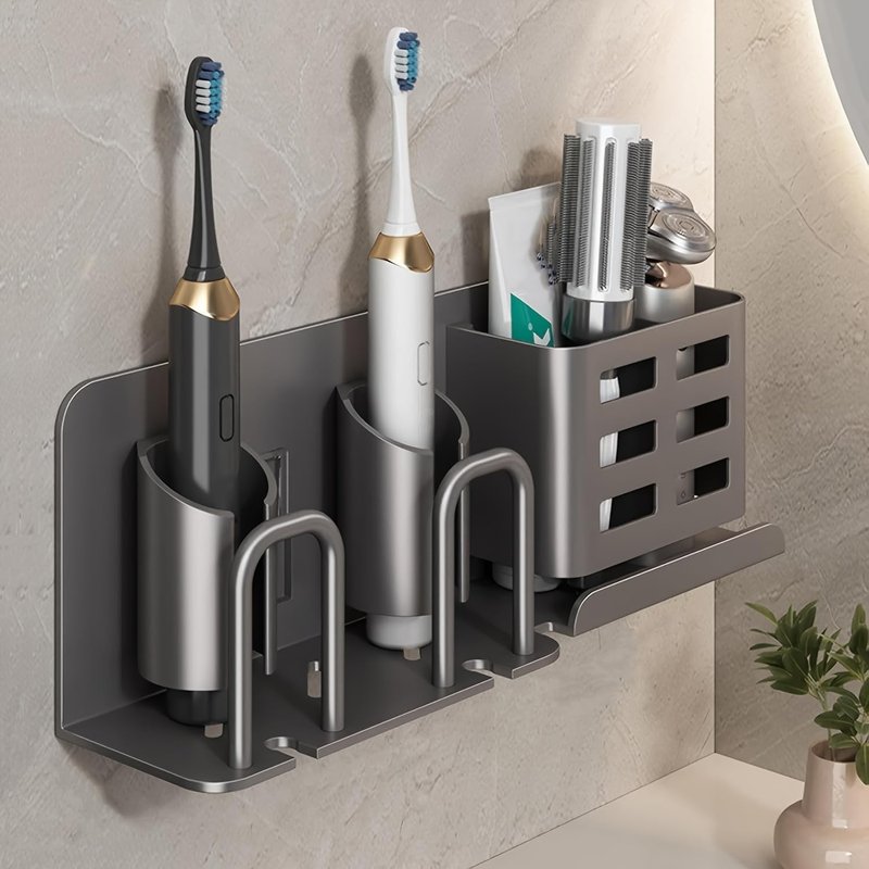 Pddgllut Electric Toothbrush Holder Wall Mounted, Rust-Proof Aluminum 2-Slot Organizer with Shelf - Minimalist Bathroom Storage for Small Spaces, Gray