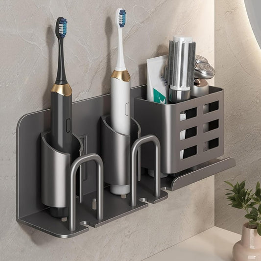 Pddgllut Electric Toothbrush Holder Wall Mounted, Rust-Proof Aluminum 2-Slot Organizer with Shelf - Minimalist Bathroom Storage for Small Spaces, Gray