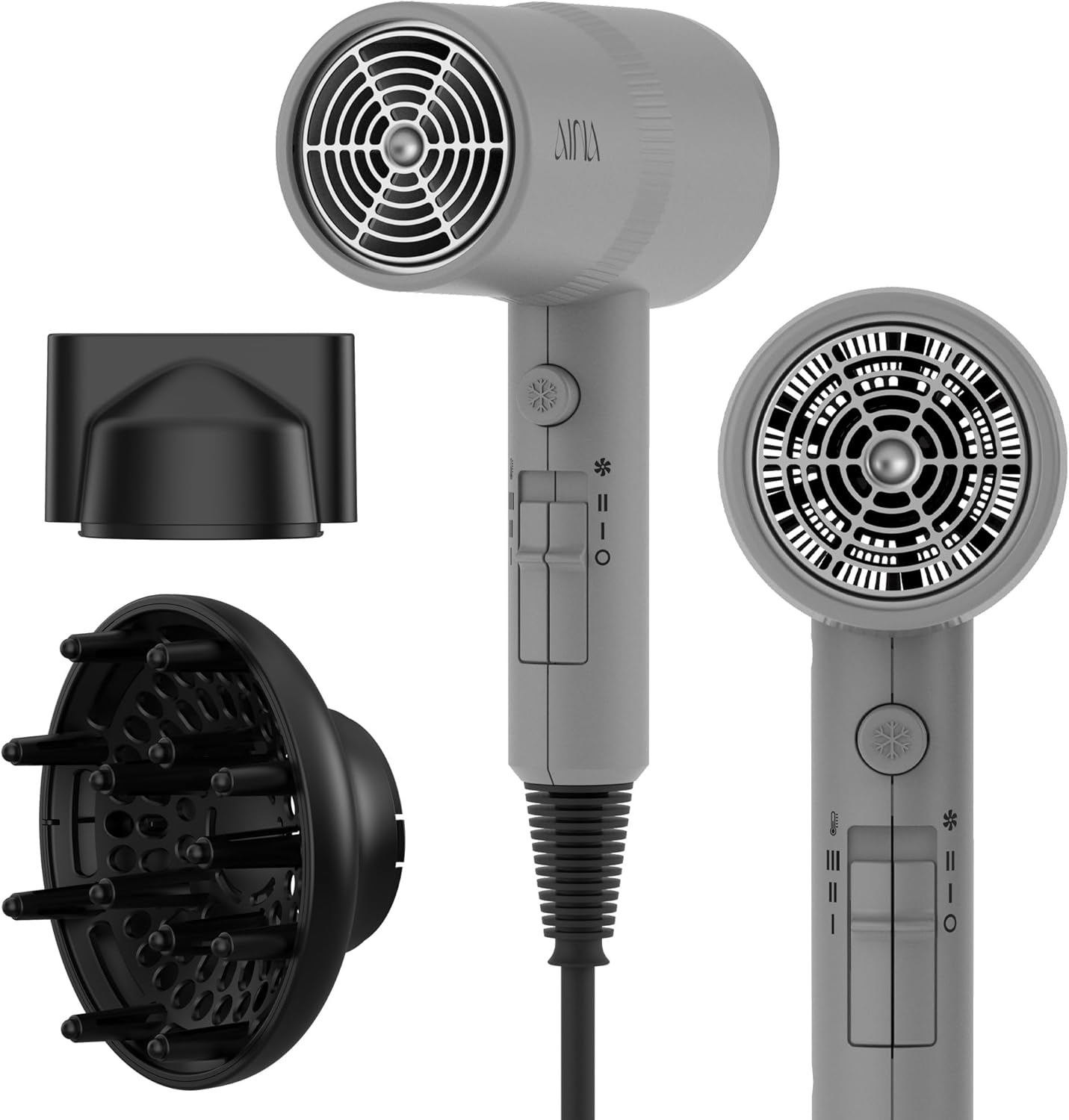 AINA Hair Dryer with Diffuser - Advanced Ionic Technology & Ceramic Coating | Fast Drying & Shine 110V/Ash Grey