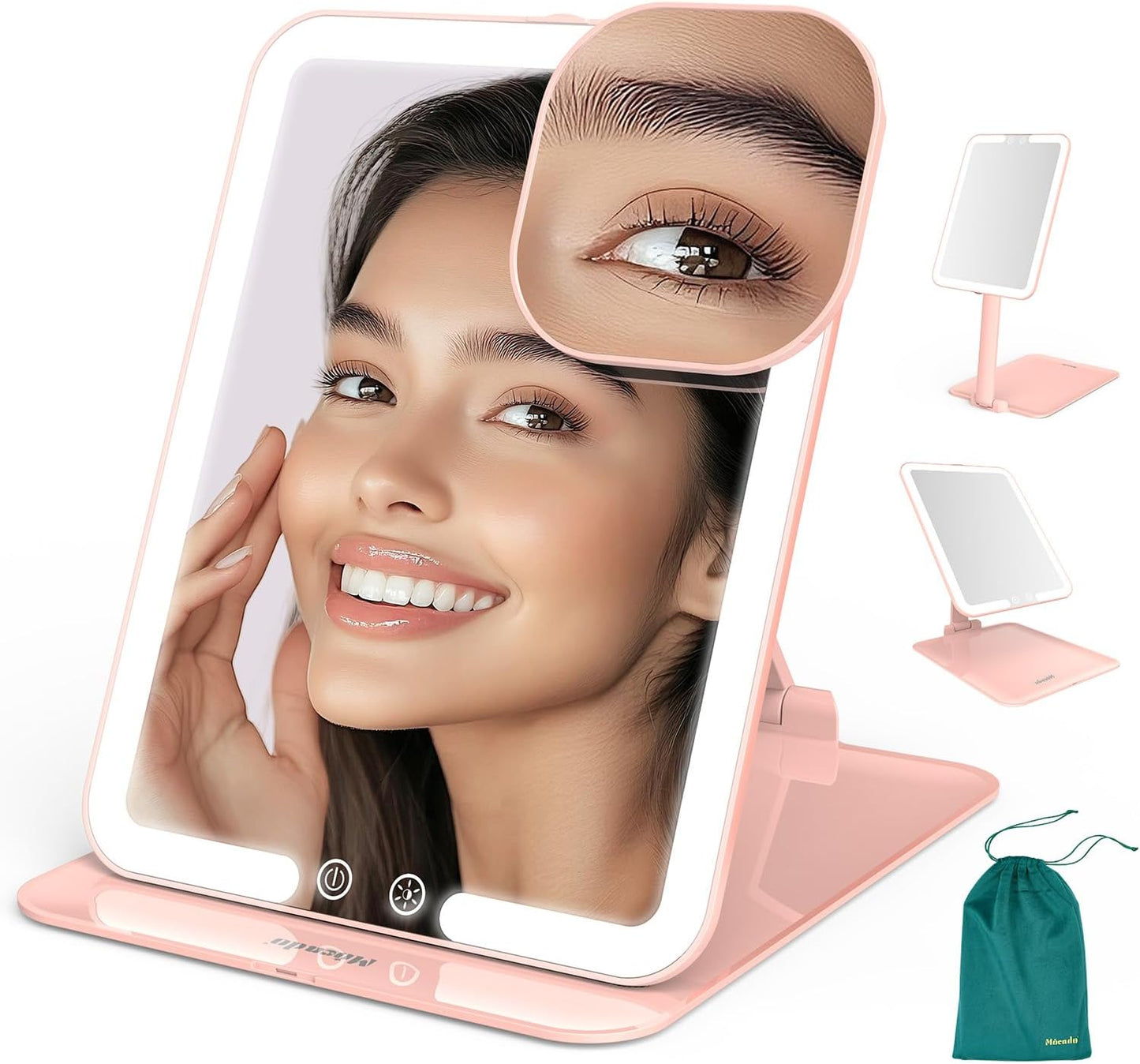 Mocado Travel Makeup Mirror - Lighted Triple Folding Vanity Mirror with 3 Color Settings | Rechargeable 1500mAh Battery, Adjustable Height & Angle (Black)