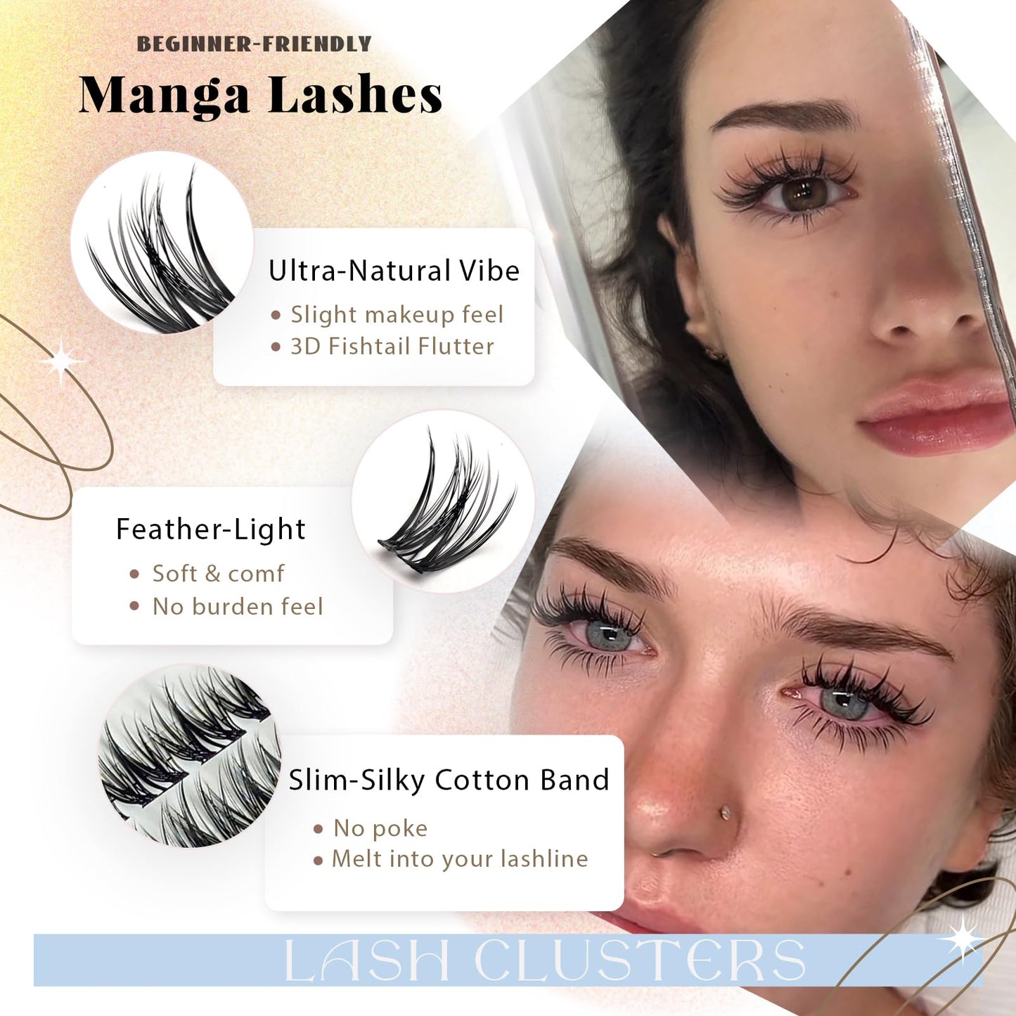 Wispy Lash Clusters, Natural Lash Cluster Eyelash Extensions 192 Pcs C Curl 10-16mm Individual Fluffy False Eyelashes Thin Band DIY for Beginners at Home