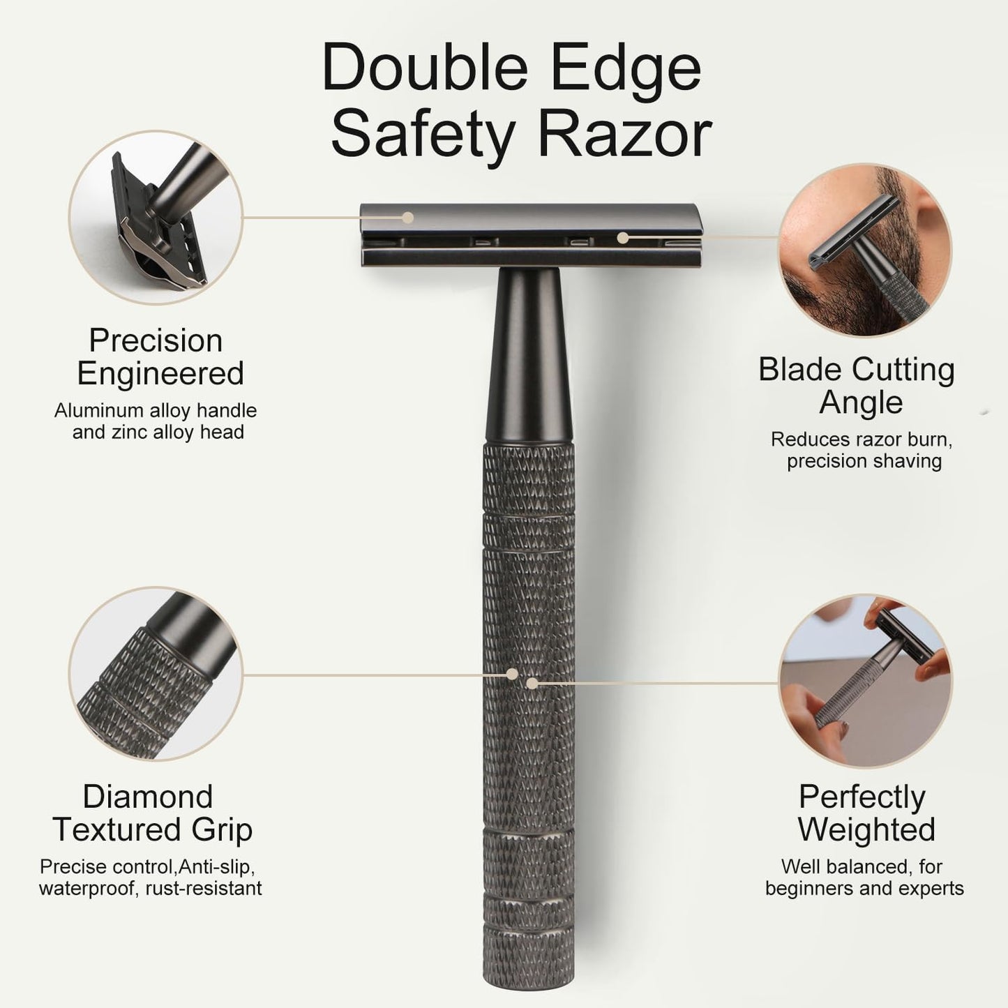 Double Edge Safety Razor with Stand, Single Blade Razors for Men and Women, with 10 Stainless Steel Double Edge Blades, Smooth and Close Shave, Plastic Free, Matte Gun Black