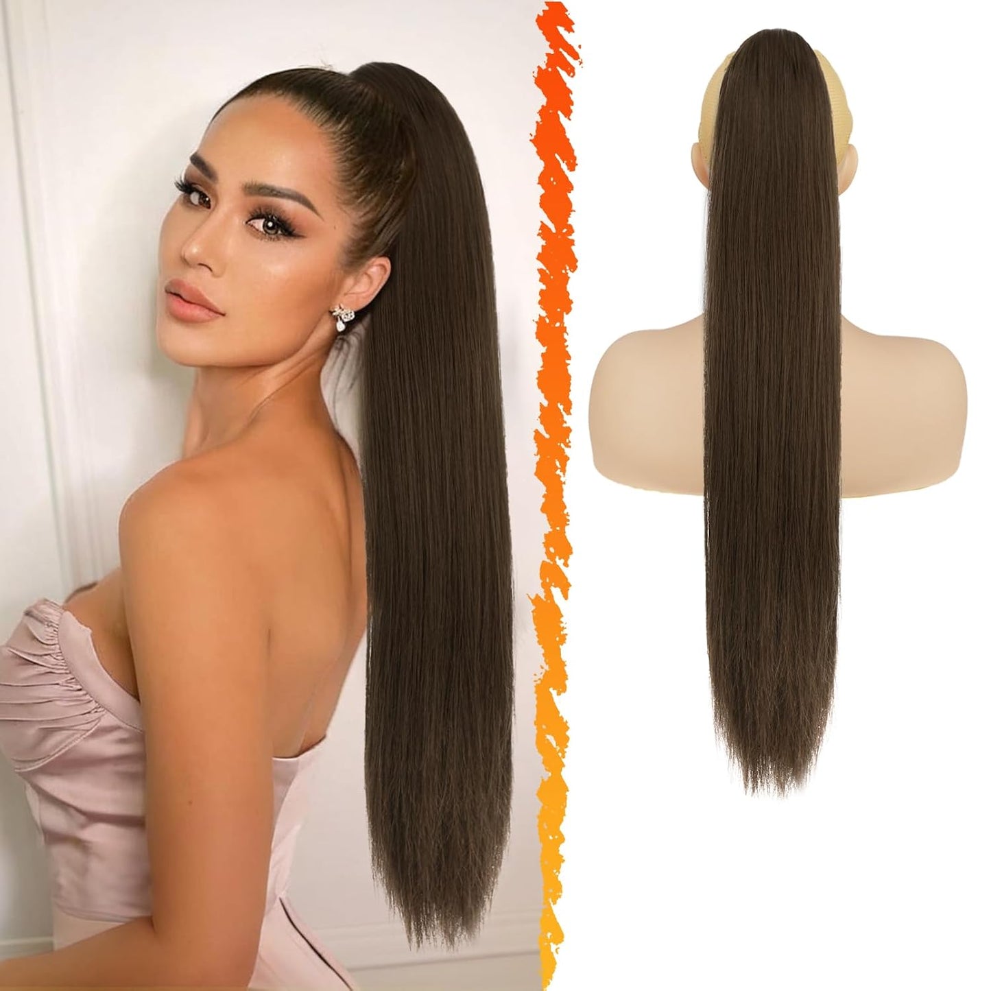 Long Straight Ponytail Extension - 26 Inch Brown Synthetic Clip-In Hairpiece for Women | Light Brown Mixed