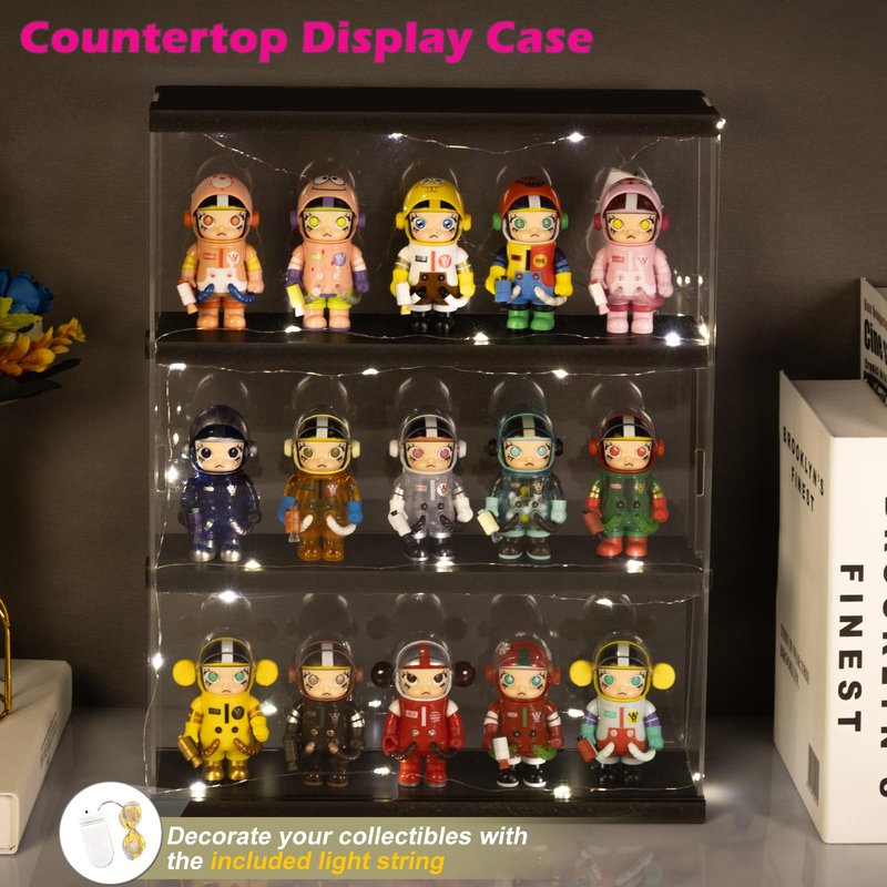 Nynelly 3-Layer Acrylic Display Case, Wall Mounted Display Box with Door, Countertop Clear Minifigure Showcase for Collectible, Funko Pop, Minifigure, 11.5" L x 3.3" W x 15" H ,Black