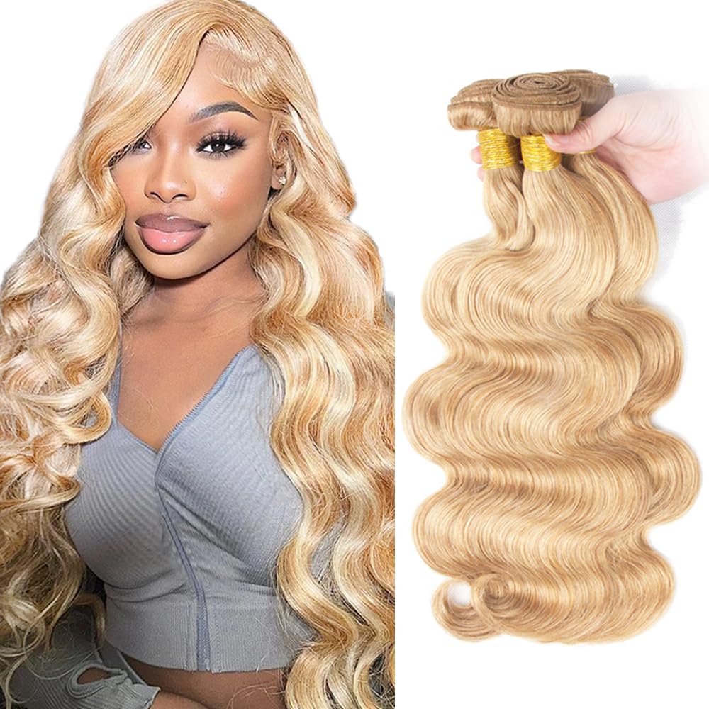 P27/613 Highlight Blonde Bundles Human Hair Body Wave Bundles 14 16 18 Inch Honey Blonde Color Body Wave Bundle Unprocessed Brazilian Virgin Weave Hair 3 Bundle 50 Gram Per Bundle