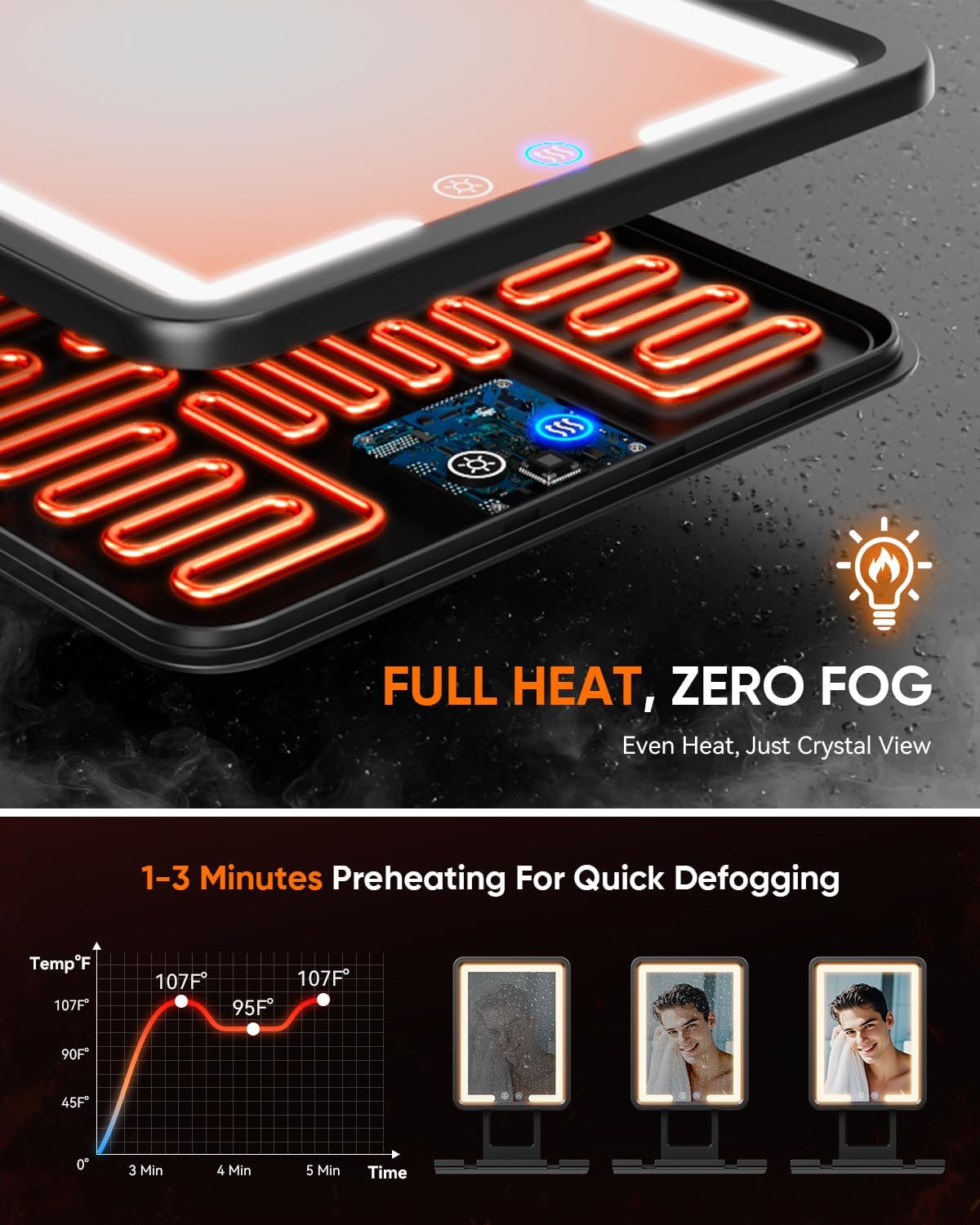 Heated Shower Mirror Fogless - Anti-Fog Shaving Mirror with Dimmable Lights | No-Drilling, Removable, Black