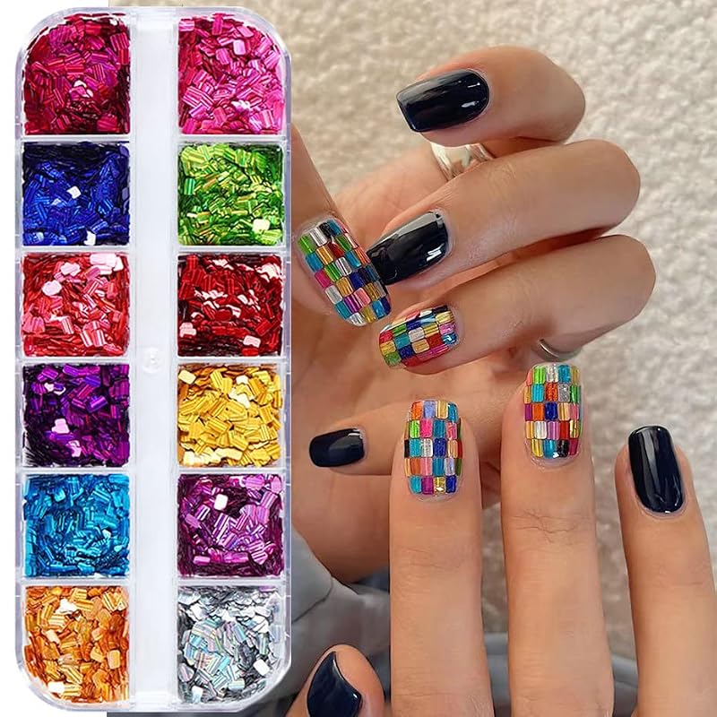 Square Glitter Nail Art Sequins 12 Colors Holographic Flakes for Manicure DIY