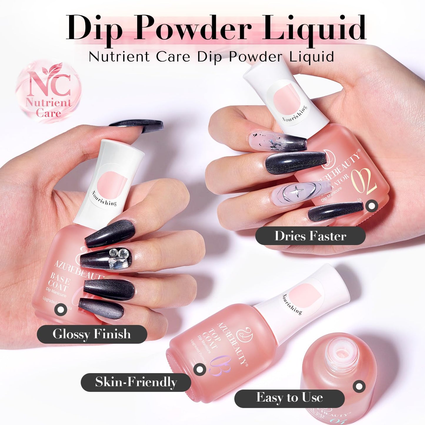AZUREBEAUTY Dip Powder Liquid Set – Upgraded Care Formula, 4+4Pcs 15ml/0.5oz Base Coat, Activator, Top Coat & Brush Saver, Nail Strengthener with Keratin & Calcium, Low Odor DIY Home Salon