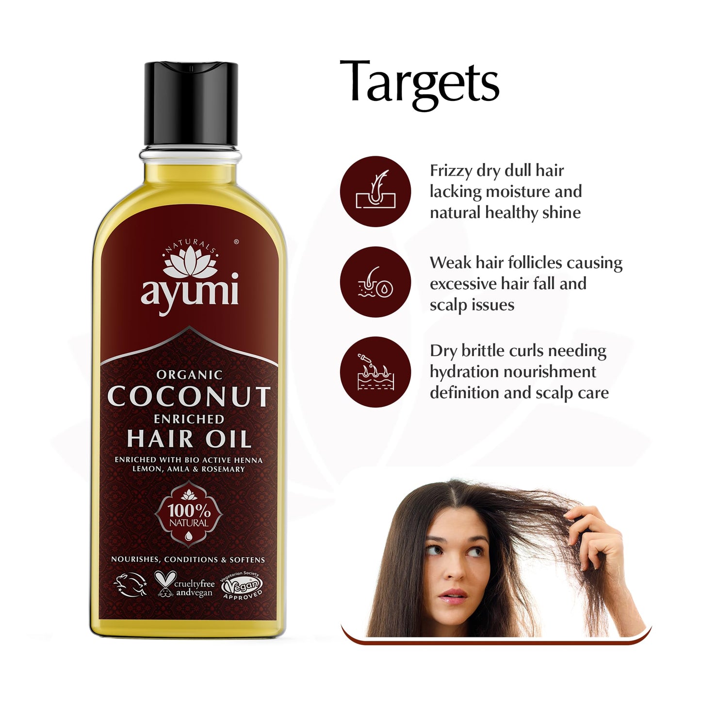 Ayumi Organic Coconut Enriched Hair Oil | Rosemary, Amla & Lemon | Enhanced With Nourishing & Strenghtening Extracts | Rich in Omega 6 For Circulation & Hair Growth | 5.1 Fl Oz