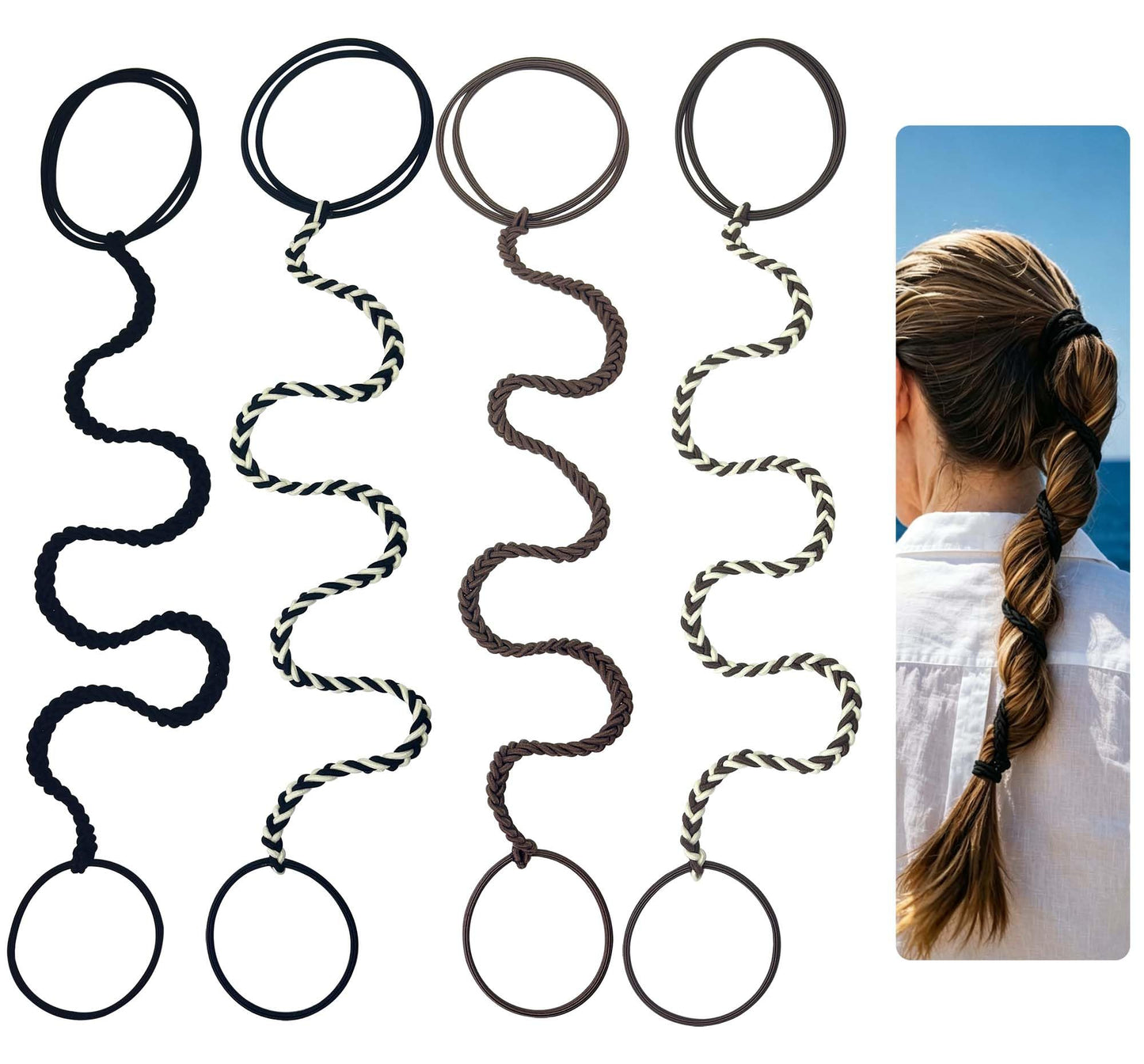 Sport Hair Ties for Women, 16" 4 Packs Soft Nylon Elastic Ponytail Holders for Thick,Curly,Fine Hair Spiral Pony Tail Wrap Tie Long Womens Accessories for Swim,Riding,Running,Workout,GYM (Brown&Black)
