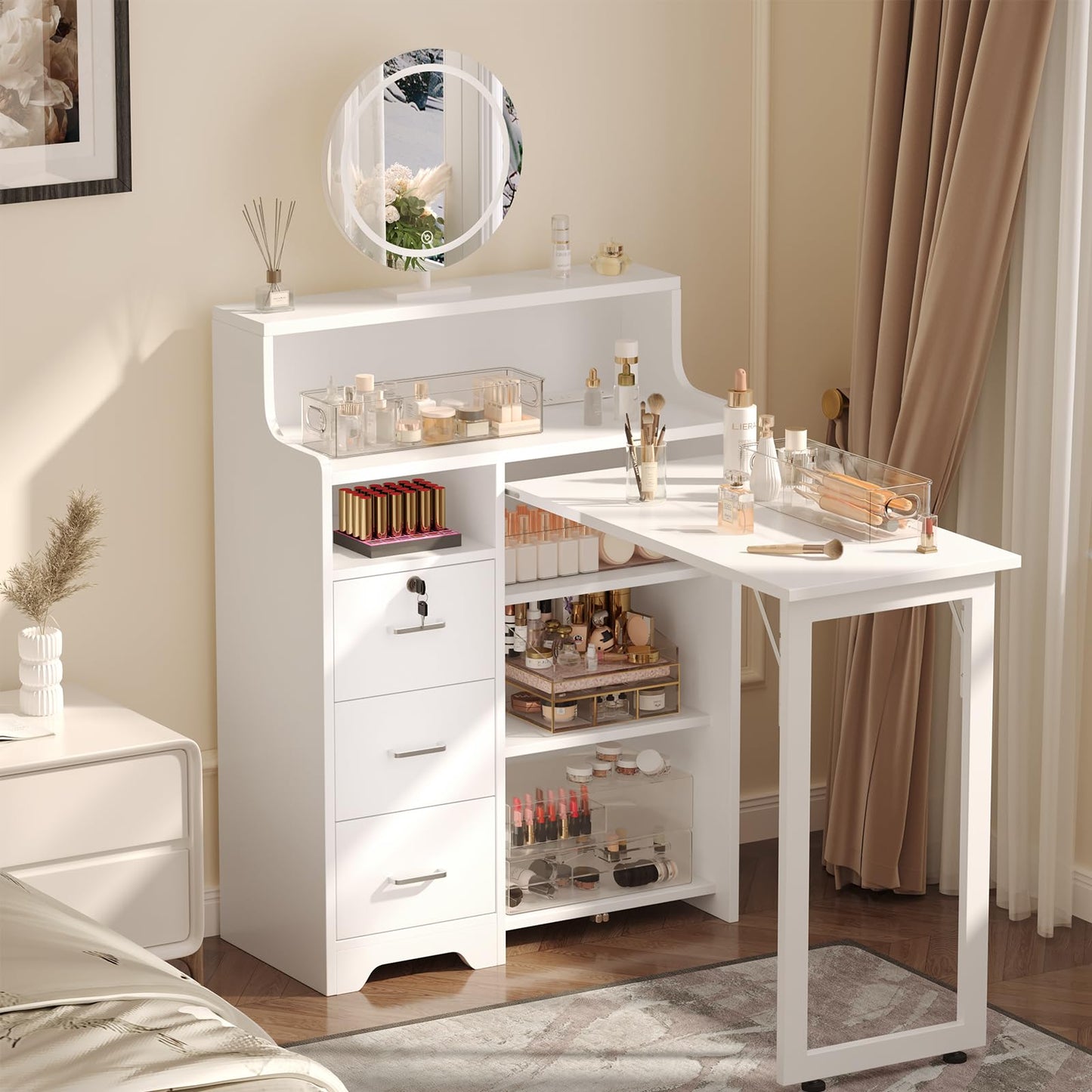 DUDUSHIMAN Foldable Nail Desk for Nail Tech, L Shape Manicure Table with Cabinet Drawer & Built-in Charging Station, Portable Nail Table for Beauty Salon Workstation (White)