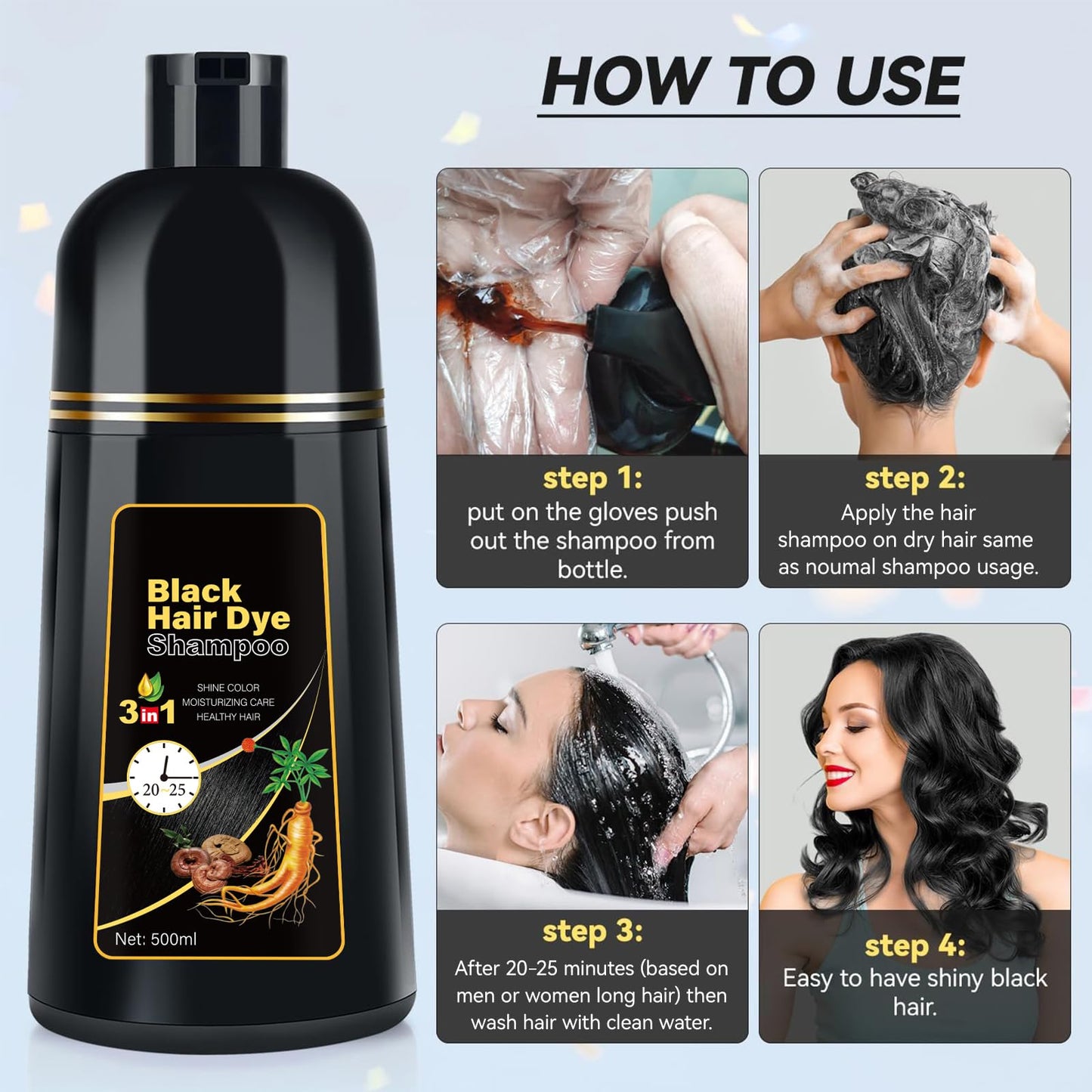 YOURTONE Black Hair Dye Shampoo 3 in 1, Hair Color Shampoo for Women & Men, Herbal Ingredients Shampoo para Pintar el Cabello for Grey Hair Coverage