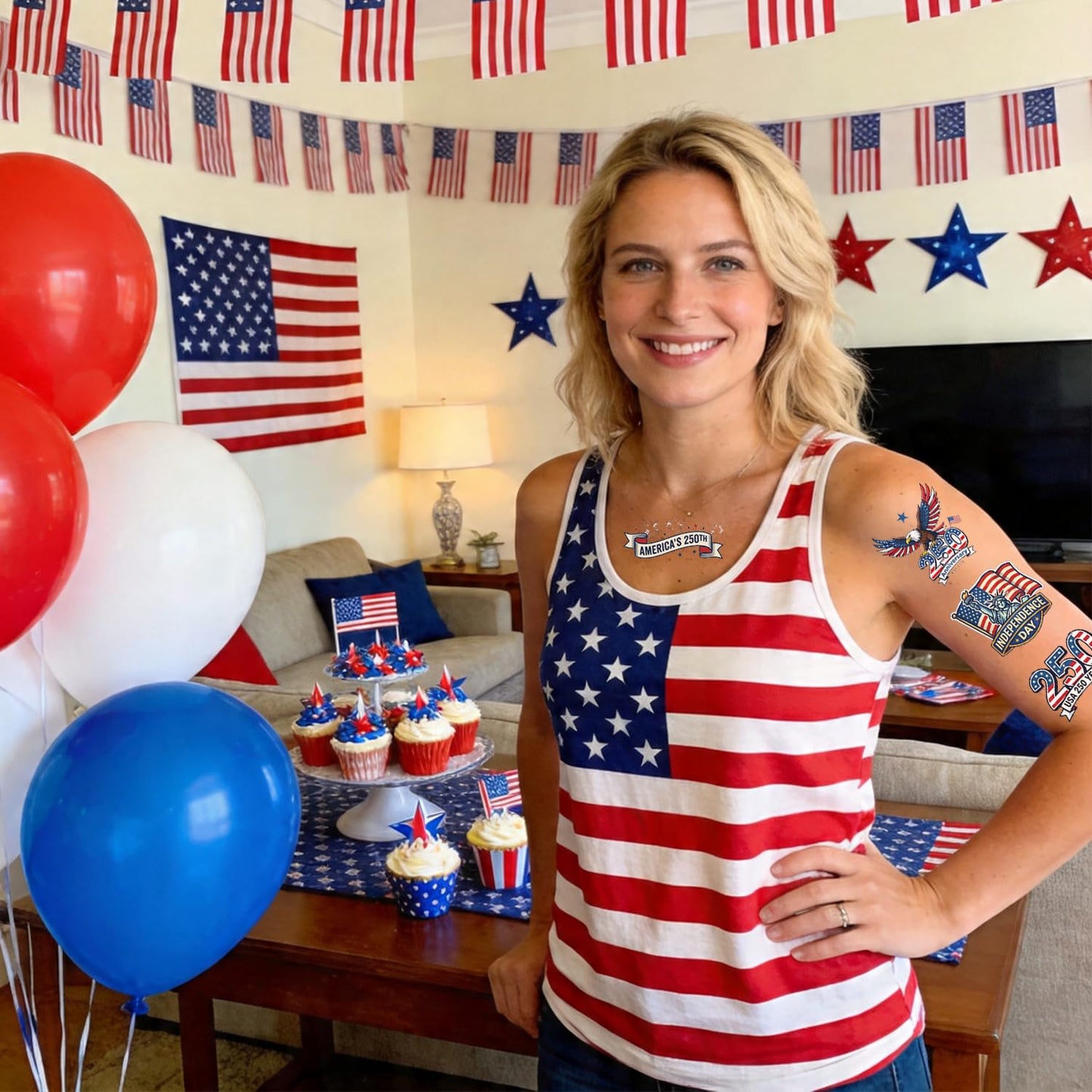 250th Anniversary Temporary Tattoos Set-100 pcs 4th of JulyPatriotic USA 1776–2026 Birthday Tattoos for Adults & Teens,America 250 Decorations Independence Day Party Favors