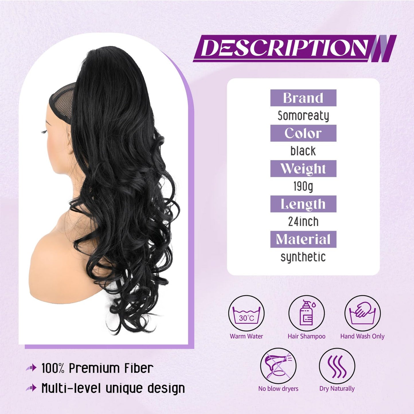 Ponytail Extension - 24" Claw Clip Synthetic Hairpiece | Long Curly Wavy Ponytail for Women - Black