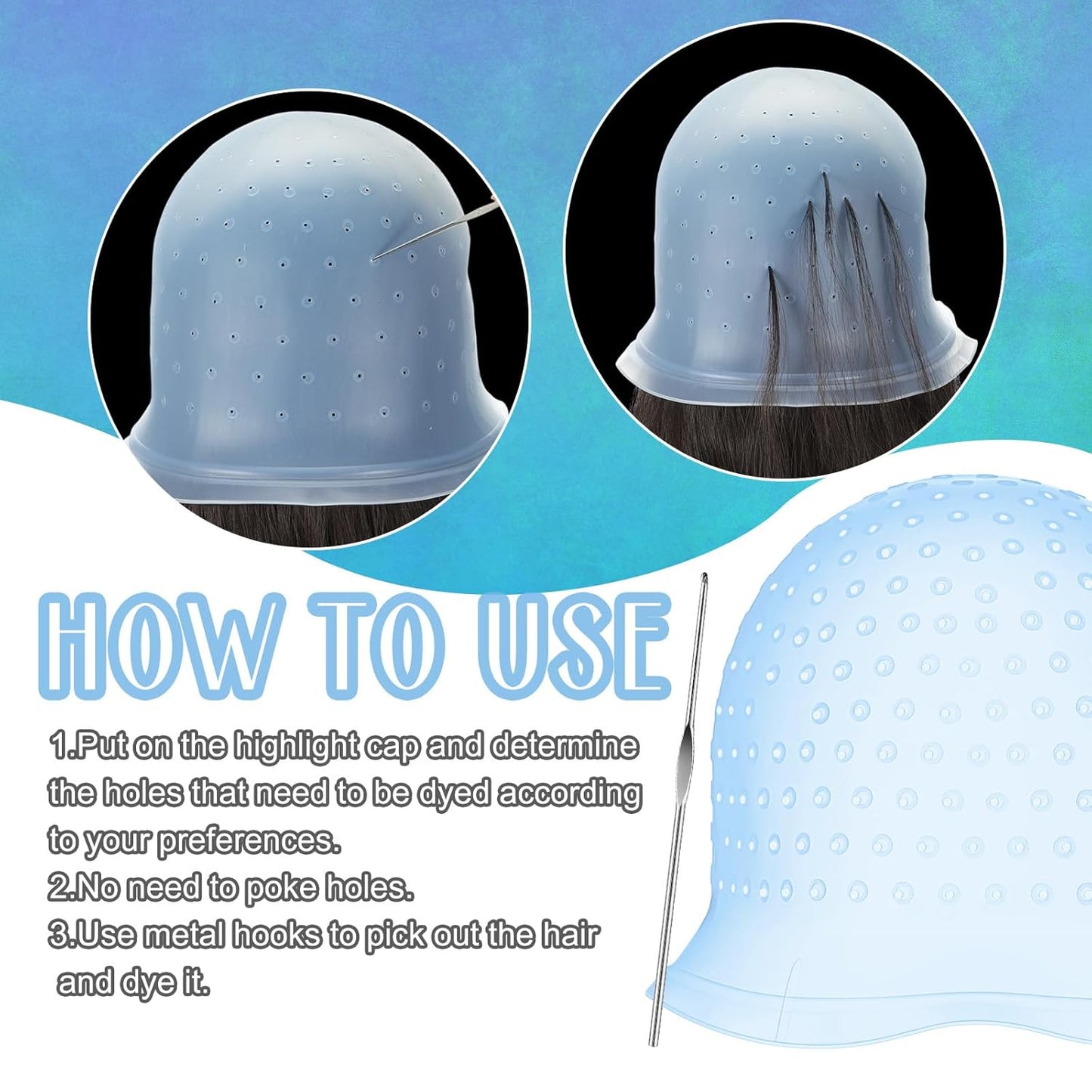 Hair Coloring Highlighting Cap - Reusable Silicone with Holes & Hook | 2 Pcs Set (Blue)