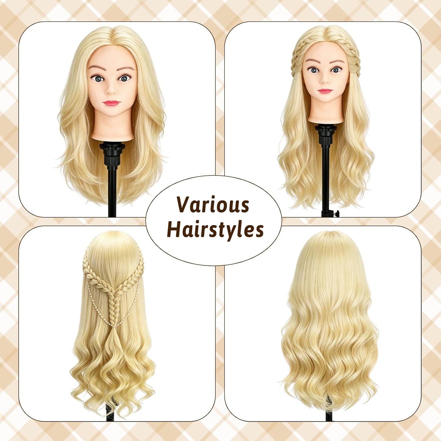 Mannequin Head - 90% Human Hair Styling Head for Cosmetology | 24" Off-White Hairdressing Training Doll with Clamp
