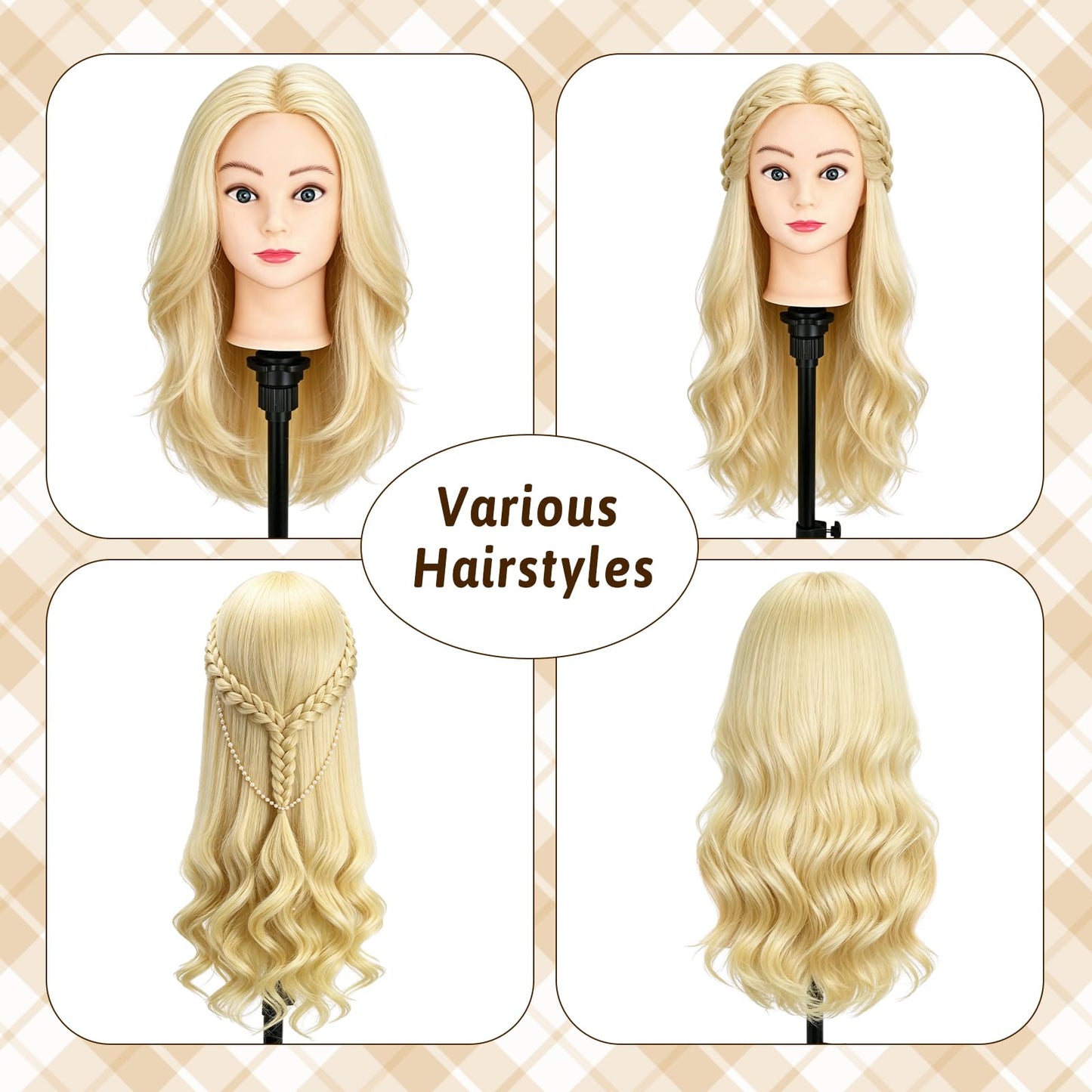 Mannequin Head with 90% Human Hair, 24" Hair Doll Head for Cosmetology & Hairdresser, Real Hair Manikin Doll Styling Head, Hairdressing Training Braiding Head with Table Clamp (Off-White C)