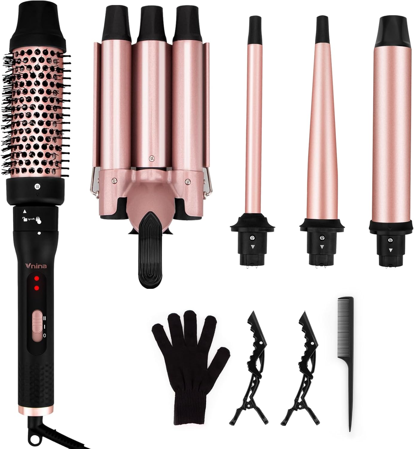 5-in-1 Curling Wand Set - Ceramic Interchangeable Curling Iron with Thermal Brush | Fast Heating, Dual Voltage, Includes Comb & Clips