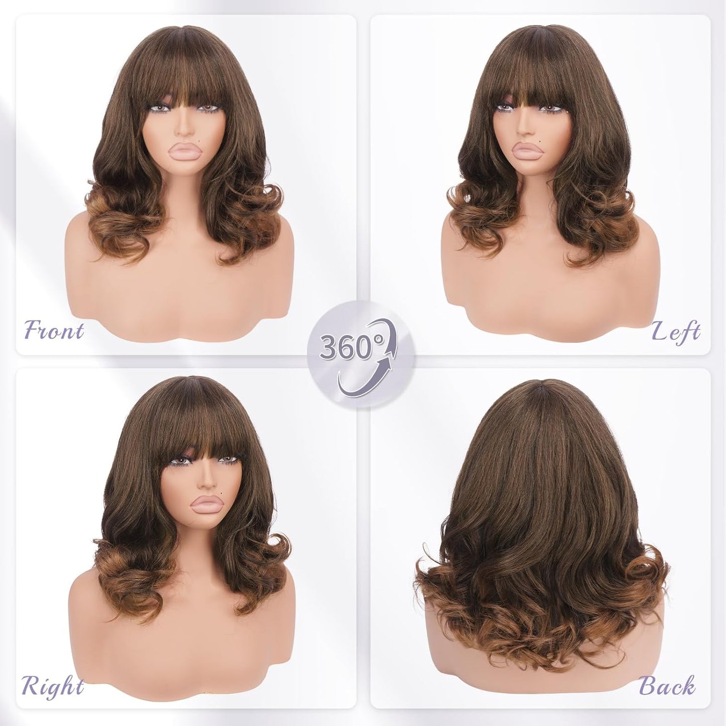 Layered Body Wave Wig with Bangs for Women - 16 Inch Heat Resistant Synthetic Hair | Natural Looking Auburn Mix Dark Brown