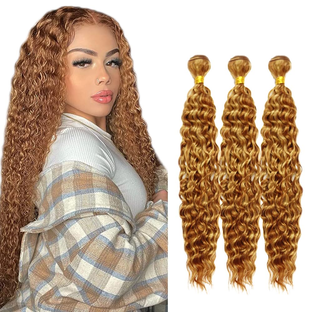 P27/30 Blonde Bundles Deep Wave Bundles Human Hair 18 20 22 Inch #30 Light Brown Deep Wave Bundle Unprocessed Brazilian Virgin Weave Hair 3 Bundles 100 Gram Per Bundle