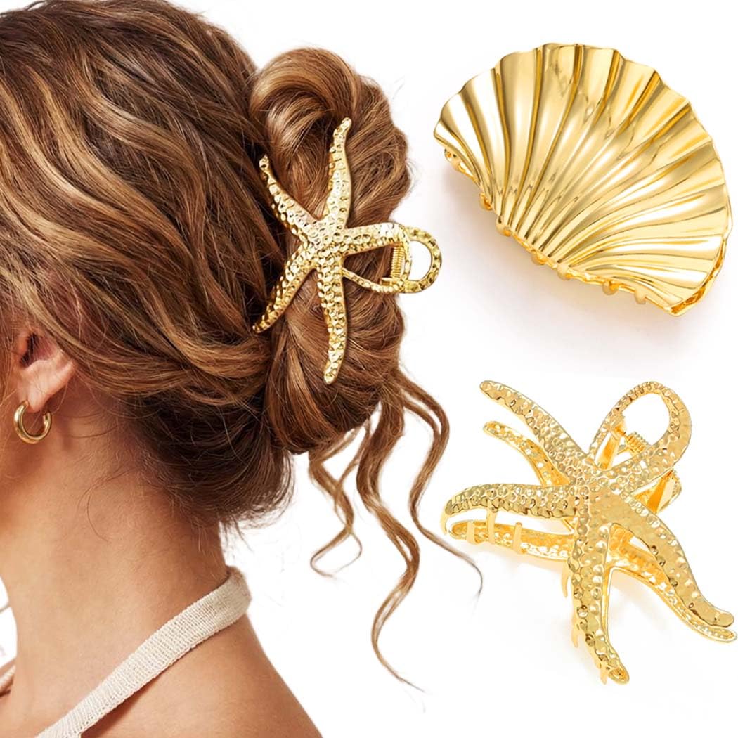 Fashey Seashell Hair Claw Clips Gold Metal Hair Clip Starfish Claw Clip Hair Accessories for Women and Girls (Pack of 2) (Gold)