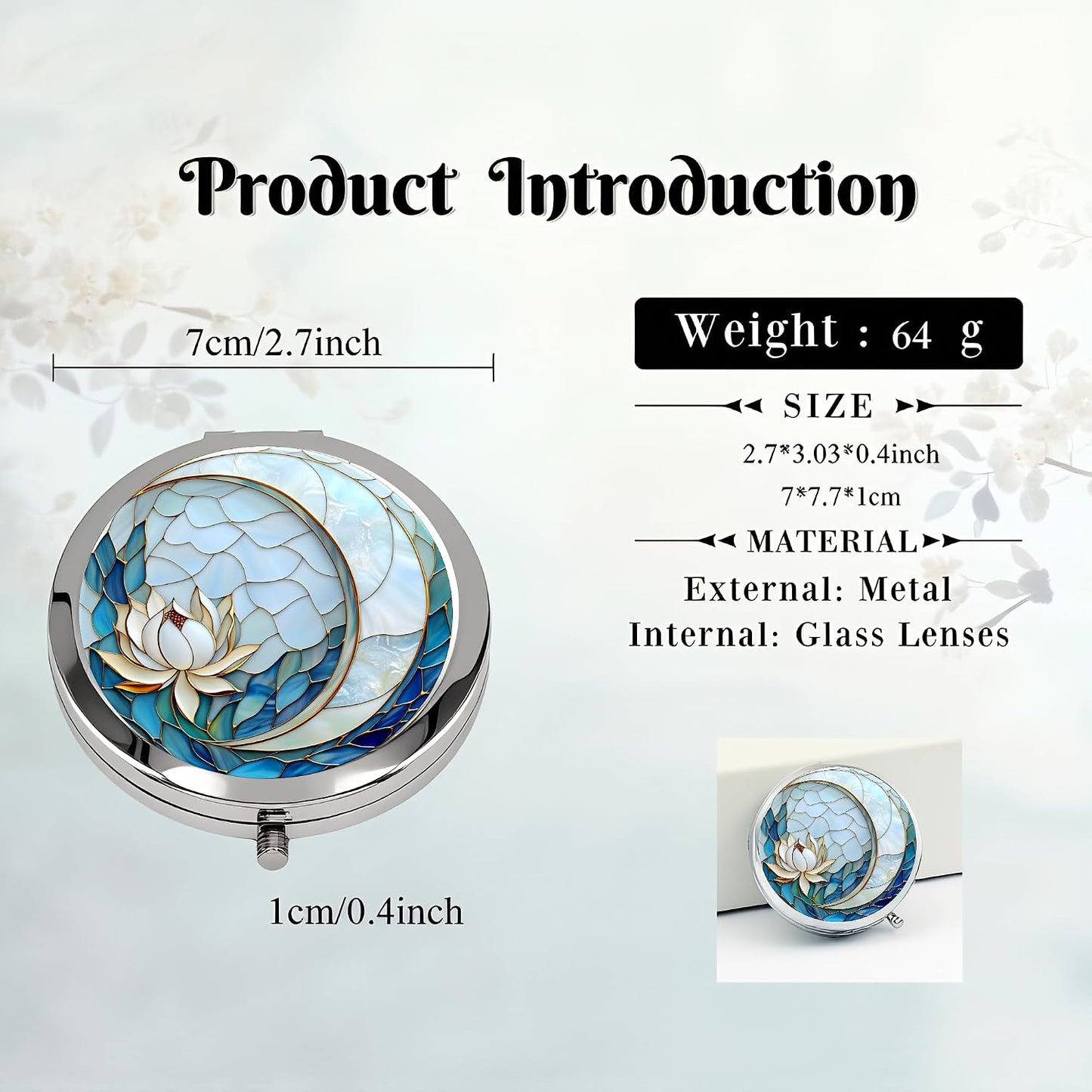 Compact Double-Sided Makeup Mirror - Silver Folding Design with Blue Lotus Moon | 2.8x2.8 Inch Gift for Women