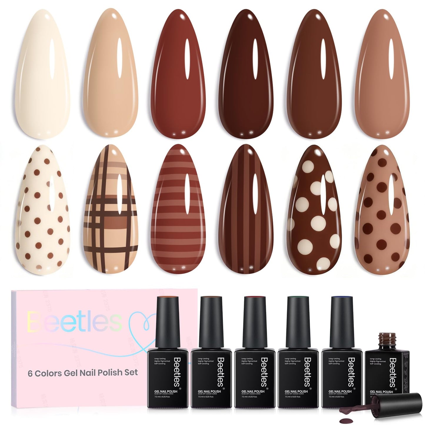 Beetles Brown Gel Polish Set - Toasty Aroma Collection, 6 Fall Colors Nude Brown Nail Colors UV LED Lamp Salon DIY at Home Nails Gifts for Women