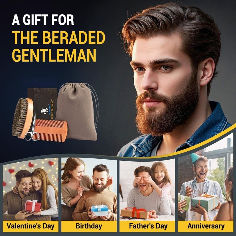 MEGAN Men's Beard Care Kit, Natural Boar Bristle Beard Brush, Anti-Static Pear Wood Comb, Stainless Steel Scissors with Travel Bag for Beard & Mustache Grooming.