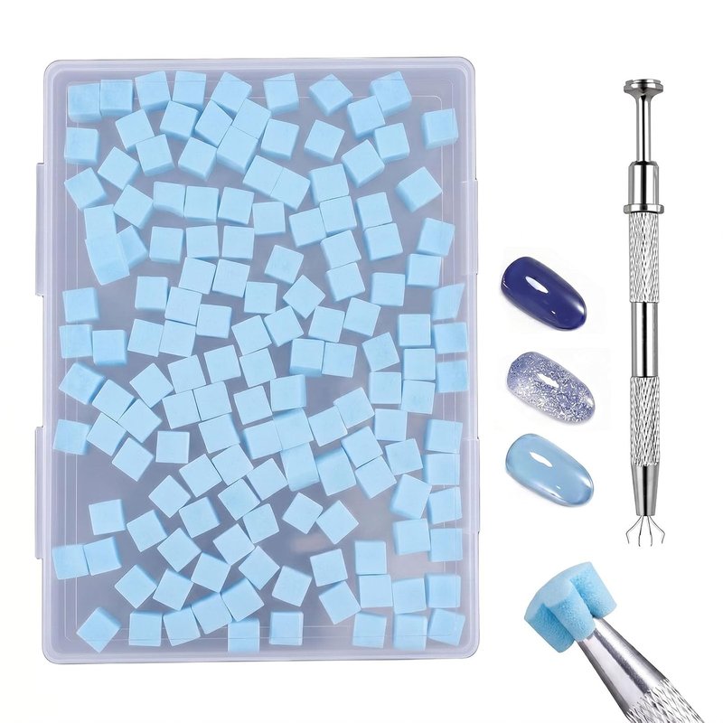 Soft Nail Sponges - 150PCS Reusable Nail Art Sponges with Grabbing Pen & Brush | Blue