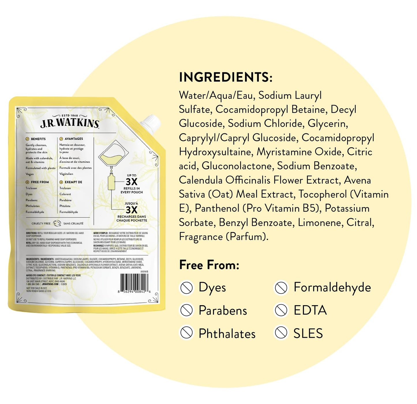 J.R. Watkins Gel Hand Soap Refill, Moisturizing Hand Wash, Formulated with Plant-Based Cleansers, Alcohol-Free, Cruelty-Free, Lemon, 34 Fl Oz, 2 Pack