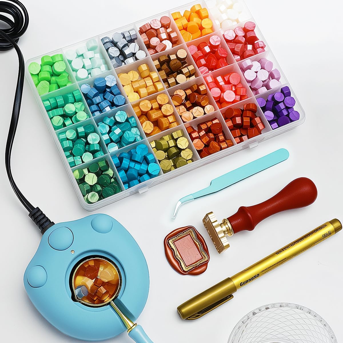 ONWINPOR Frame Wax Stamp Set, 624Pcs Sealing Stamp Beads Kit with Electric Wax Seal Warmer, 3D Embossed Frames Relief Carve Stamps Waxing, Gold Pen, Tweezer (Set02)