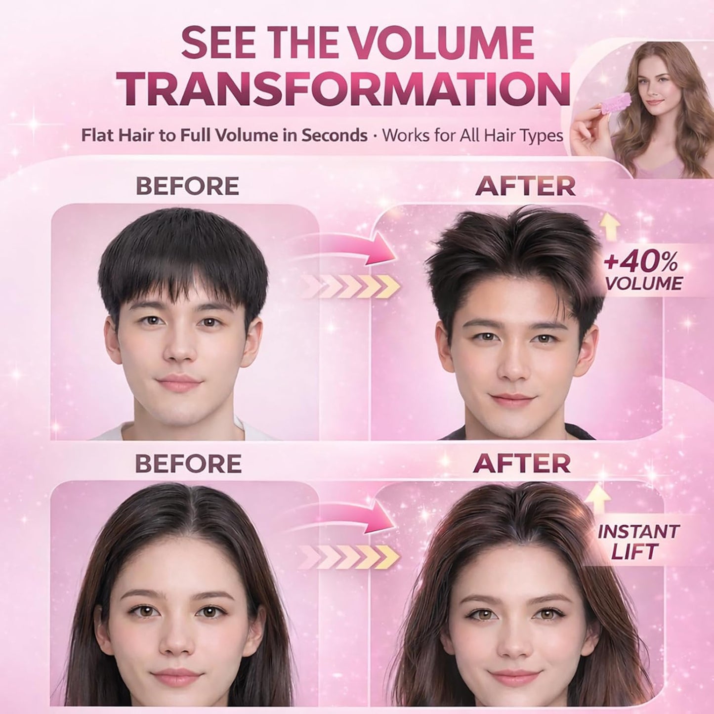 Hair Volume Clip - 2 Pack No-Crease Volumizing Tool for Fluffy Hairstyles | Root Lifting Boosters for Men & Women