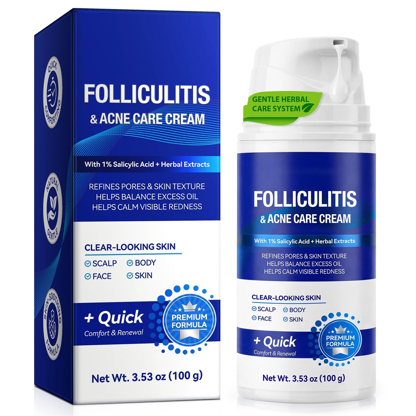 Folliculitis Cream with 1% Salicylic Acid & Herbal Extracts， Pore Refining & Balance Excess Oil, Multi-Area Use for Scalp, Face & Body, 100g