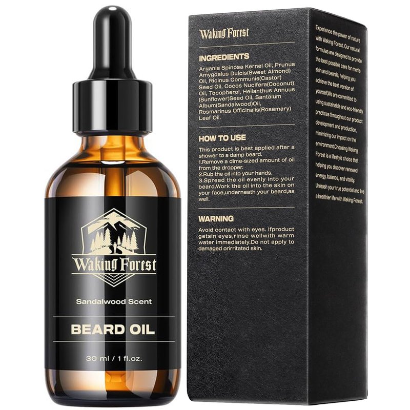 Waking Forest Sandalwood Beard Oil for Men - Biotin Mustache Oil with Vitamin E, Rosemary & Castor - Beard Care Softener, Strengthens, and Moisturizes - Beard Conditioner (1 Oz)
