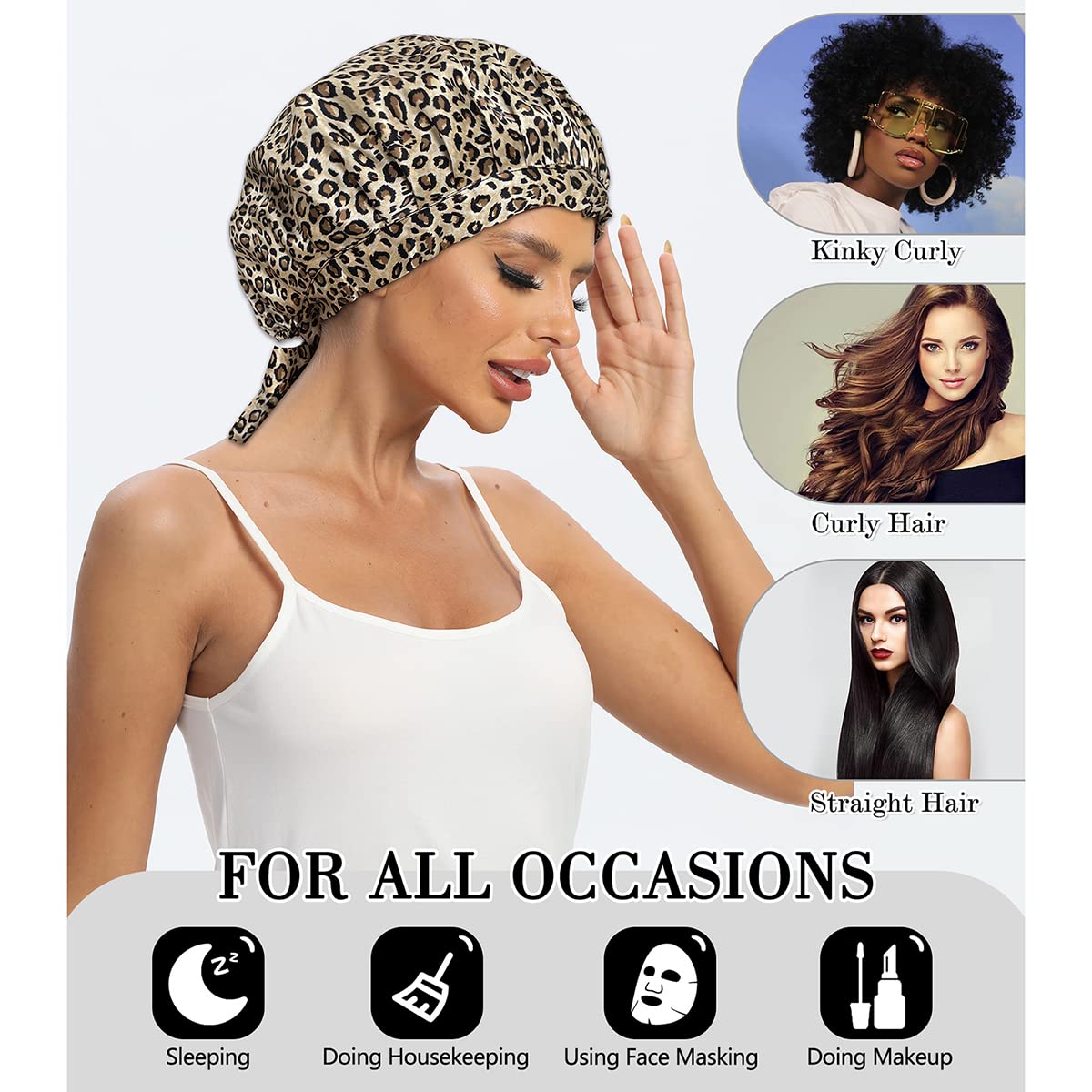 100% Mulberry Silk Bonnet for Sleeping - Double Layer Adjustable Hair Cap | Breathable Leopard Print, 19 Momme