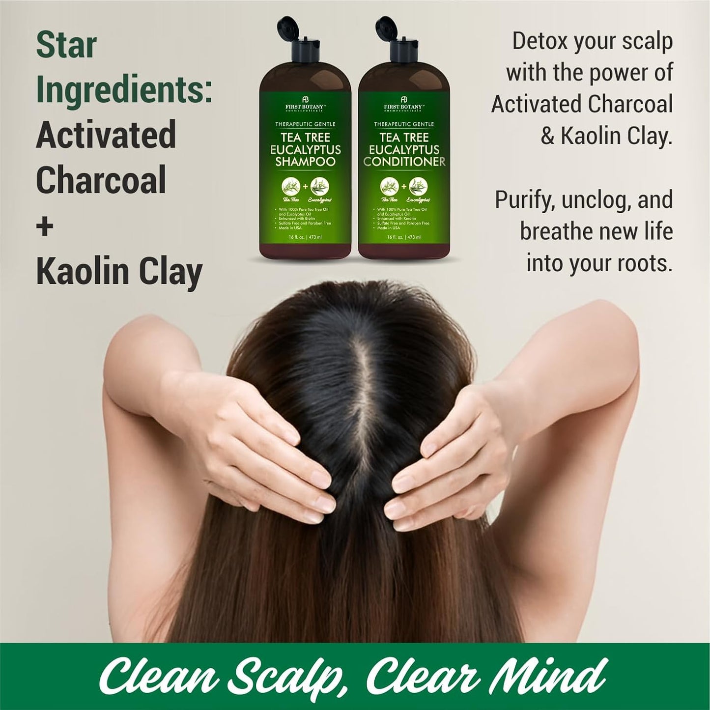 Tea Tree & Eucalyptus Shampoo and Conditioner Set | Clarifying Scalp Care with Activated Charcoal & Biotin - 16 fl oz x 2