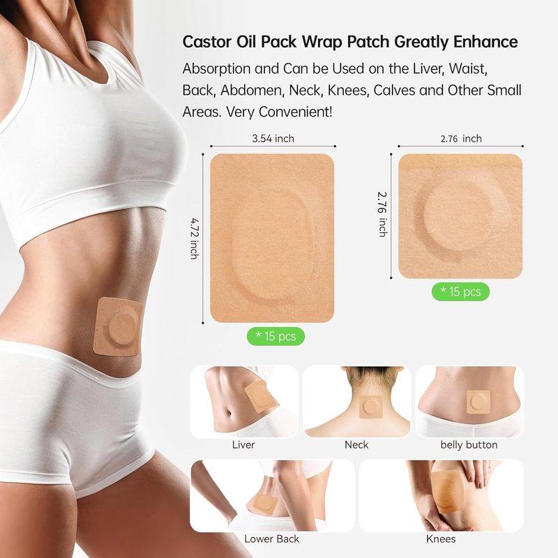 Castor Oil Patches Kit - 30 Pack Organic Cotton Wraps for Stomach & Liver Detox | Includes 8 oz Cold Pressed Castor Oil