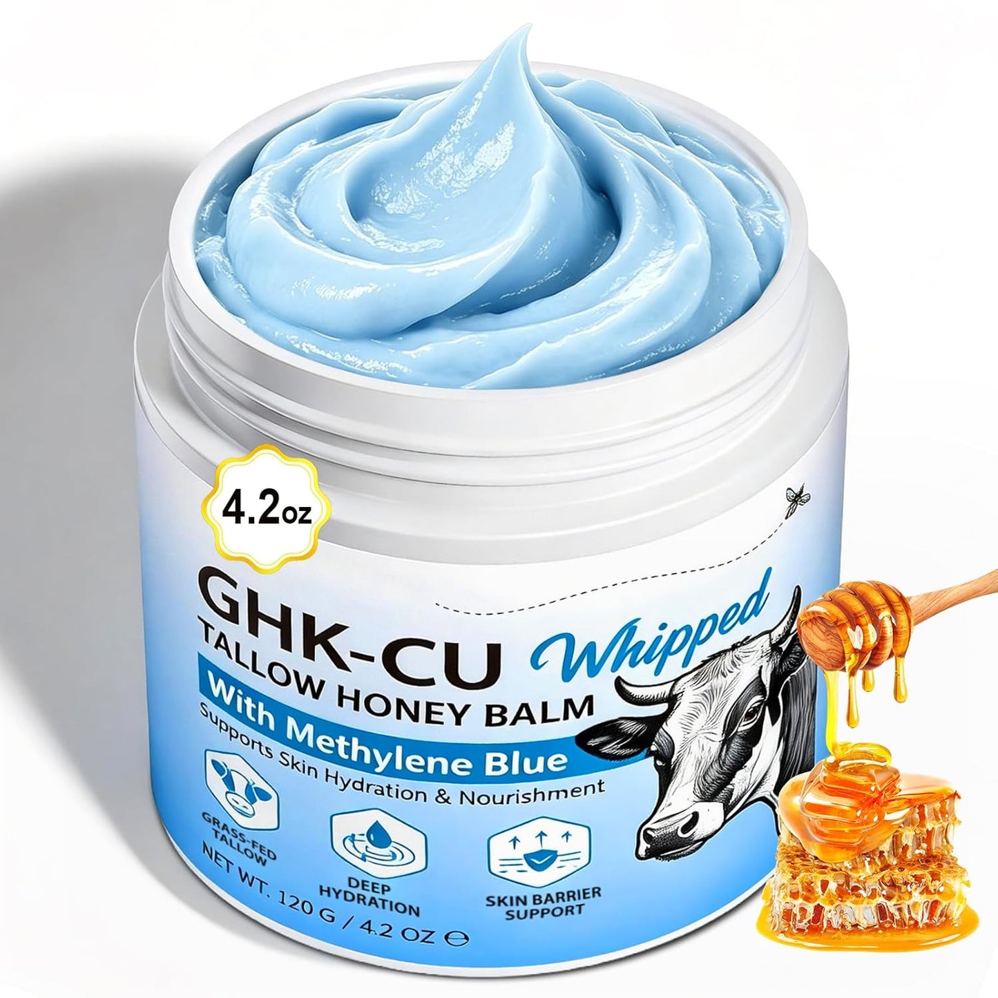 GHK-Cu Copper Peptides Moisturizing Cream - Hydrating Balm with Manuka Honey & Vitamin E | 4.2 OZ/120G, Blue Cream for All Skin Types