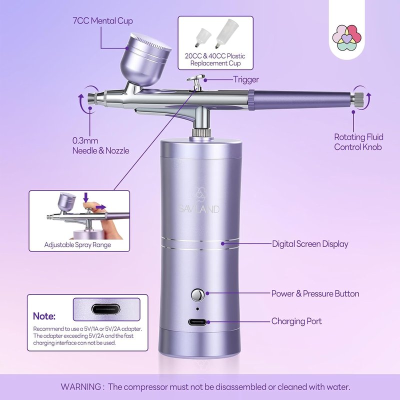 SAVILAND Micron-Air Nail Airbrush - 0.3mm DLC-Coated Nozzle, Cordless Design for Flawless Nail Art
