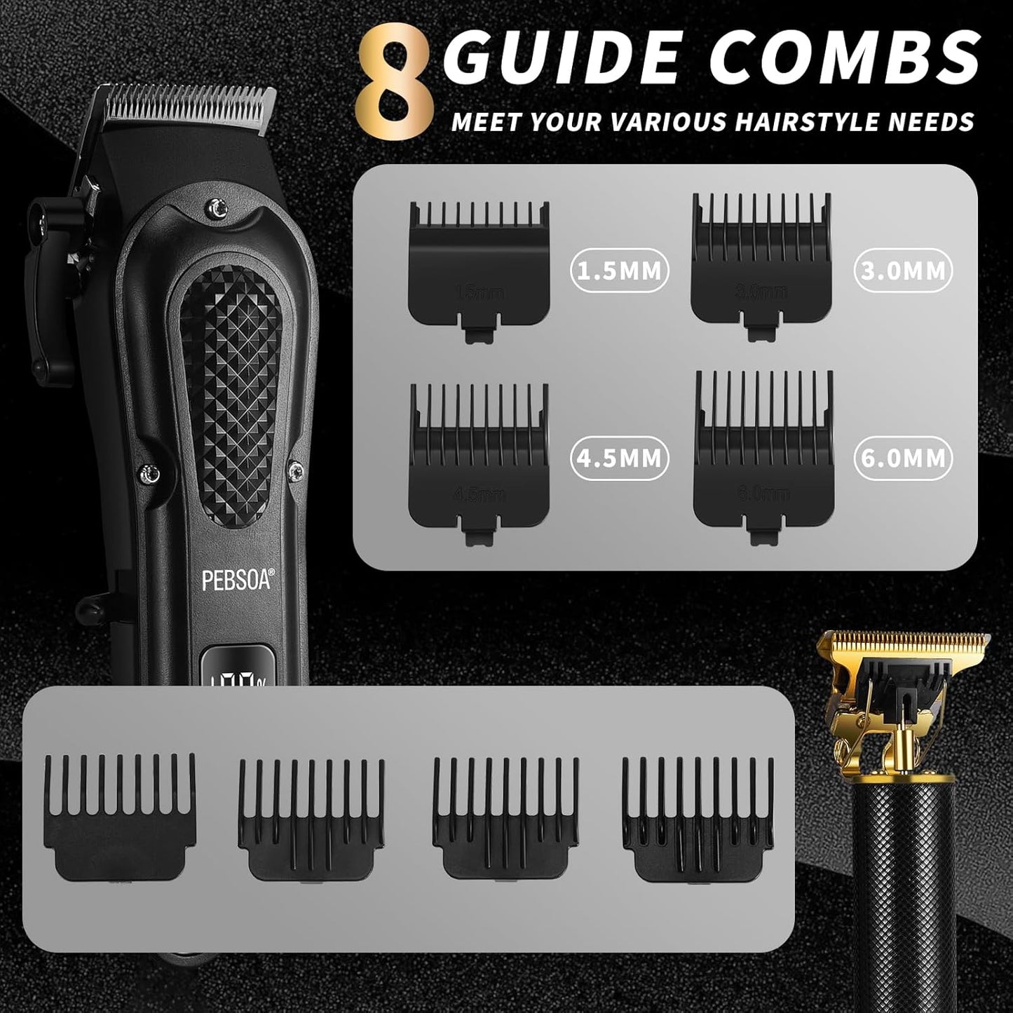 Professional Men's Hair Trimmer Set - Cordless Clippers with T-Shaped & Nose Hair Trimmer | LCD Battery Display, Black